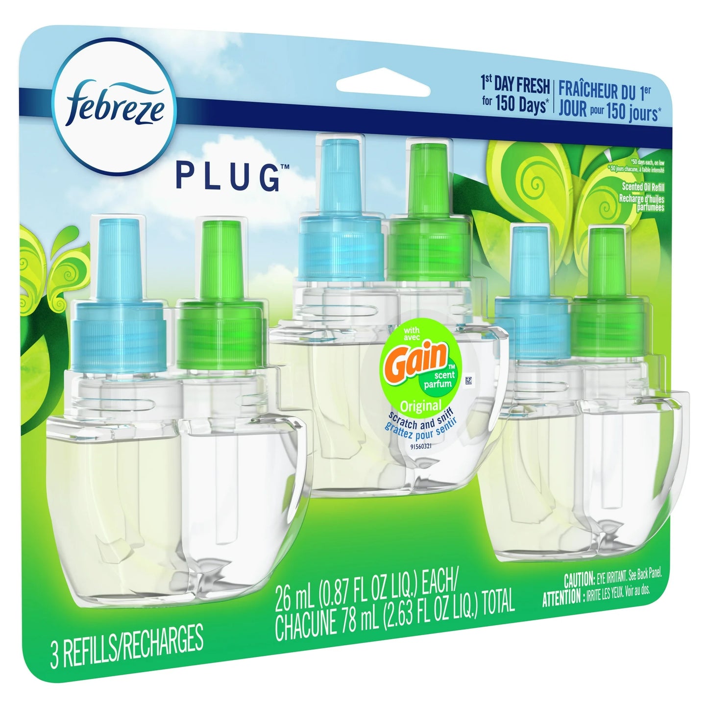 Febreze Plug In Air Freshener, Odor-Fighting Scented Oil Refill, Gain Original, 3 Refills
