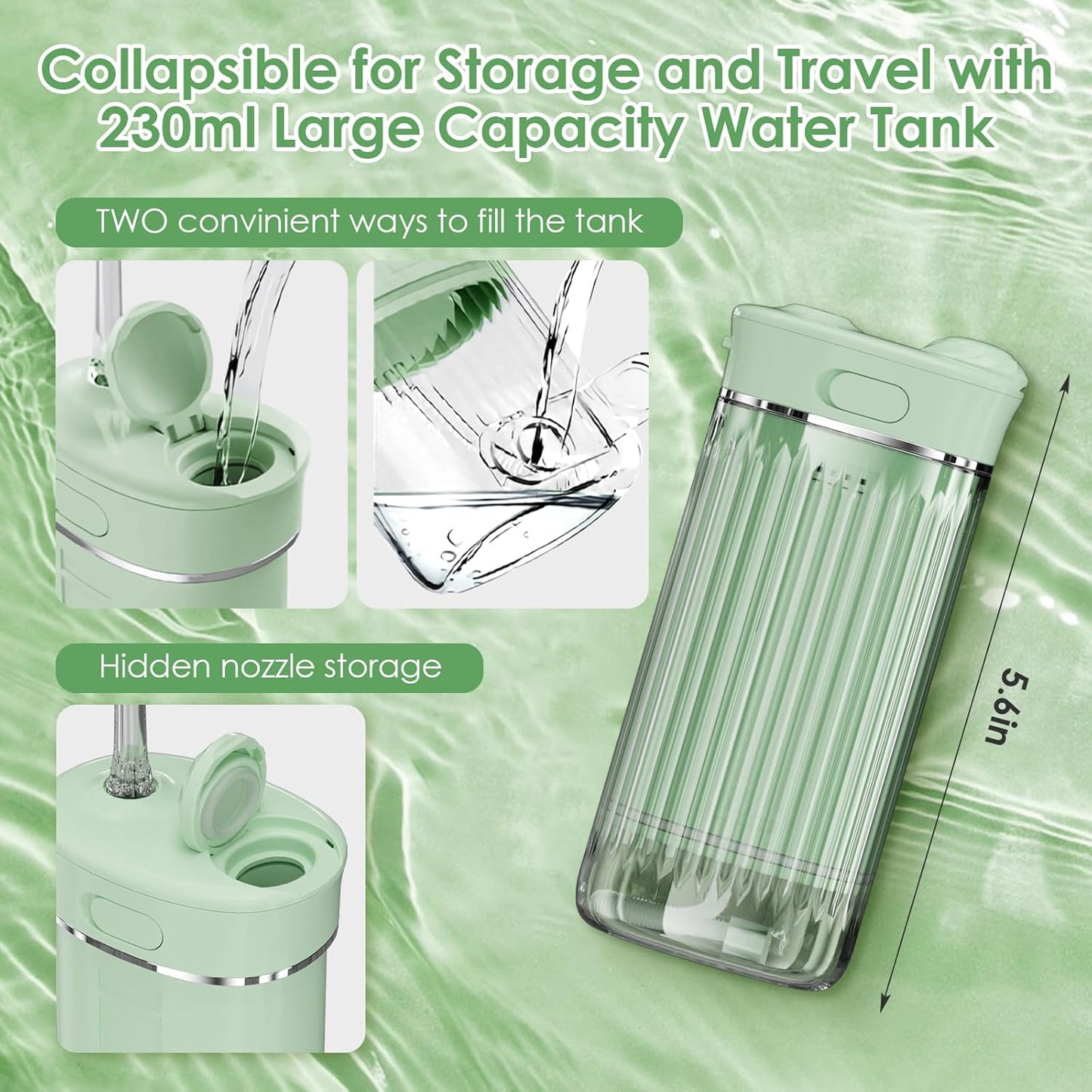 Travel Water Flosser, Mini Portable Oral Irrigator, Telescopic Water Tank, 4 Nozzles, Unique Light, IPX7 Waterproof (Green)