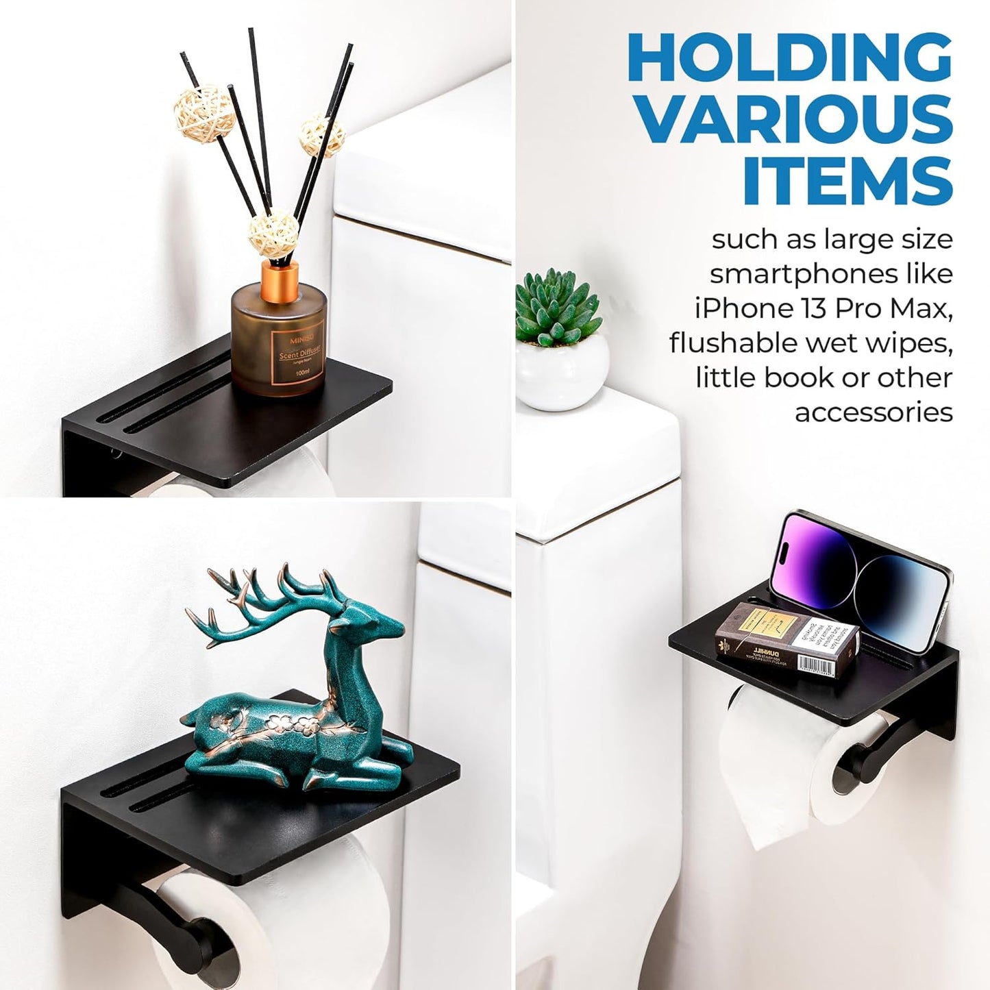 oilet Paper Holder with Shelf, Black Anti-Rust Aluminum Tissue Roll Holder with Mobile Phone