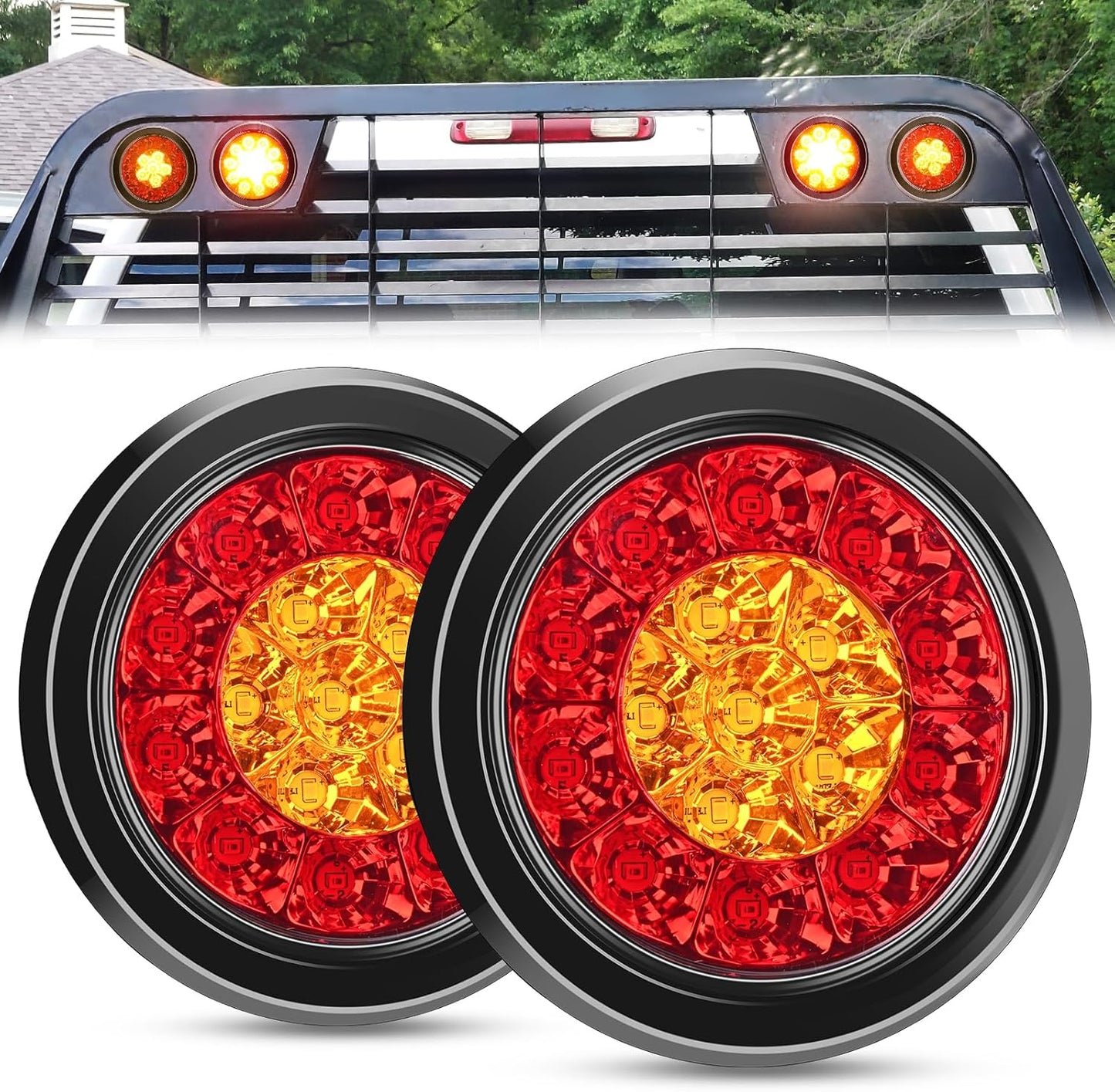 2PCS 4 Inch Round Red Amber LED Trailer Tail Lights