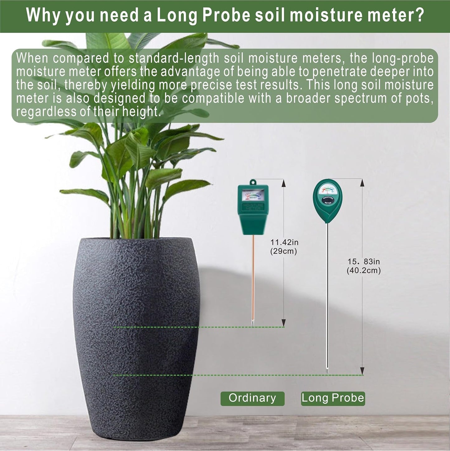 Long Probe Deep Use Soil Moisture Meter Sensor, Water Monitor Indicator, Hygrometer for Outdoor Indoor Large Pot Plants, Flower, Gardening, Farming, 2 Pack