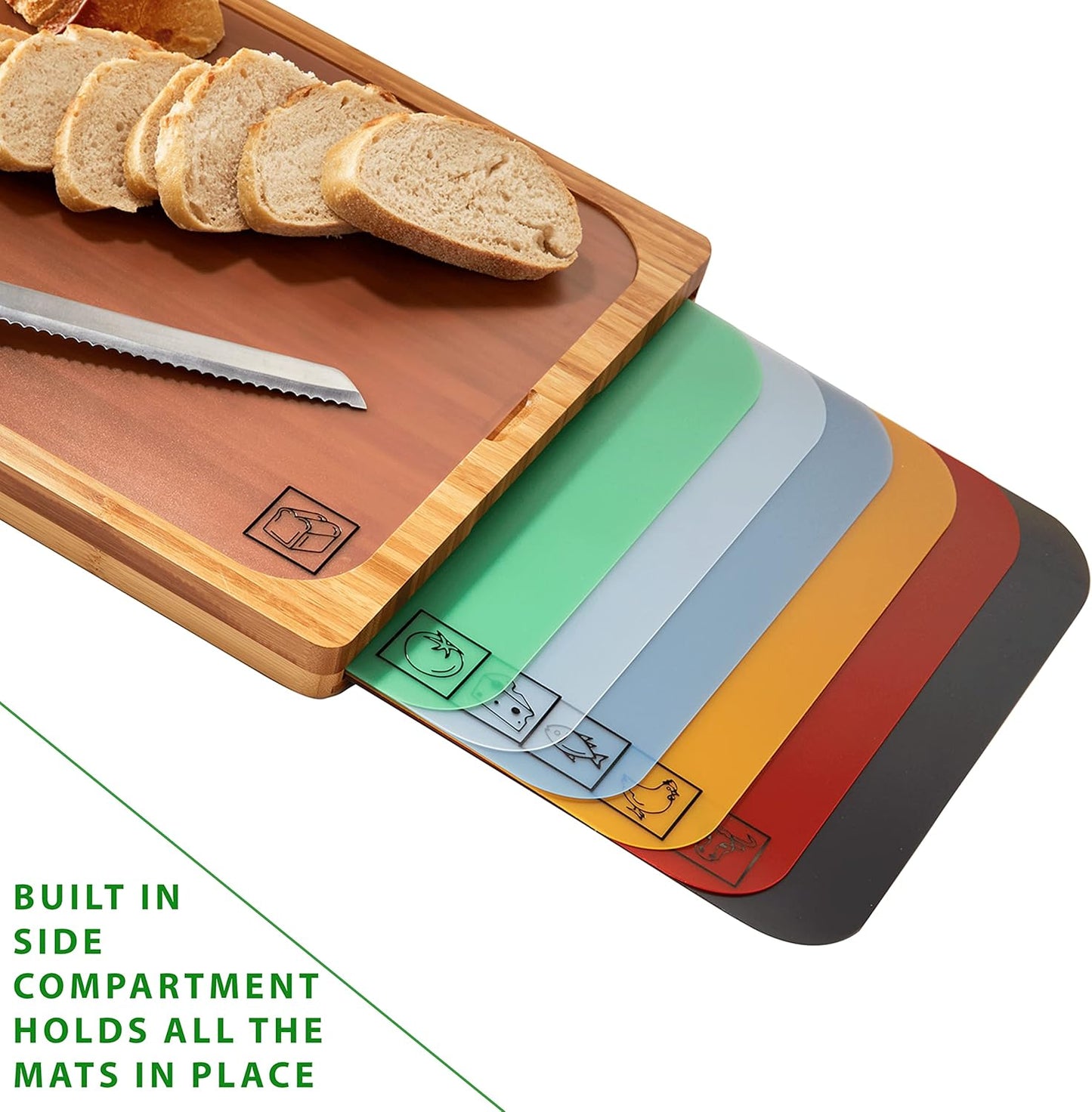 Bamboo Wood Cutting Board with 7 Color-Coded BPA-Free Mats – Premium Serving Tray for Bread, Cheese, Fruits, Vegetables & Meats
