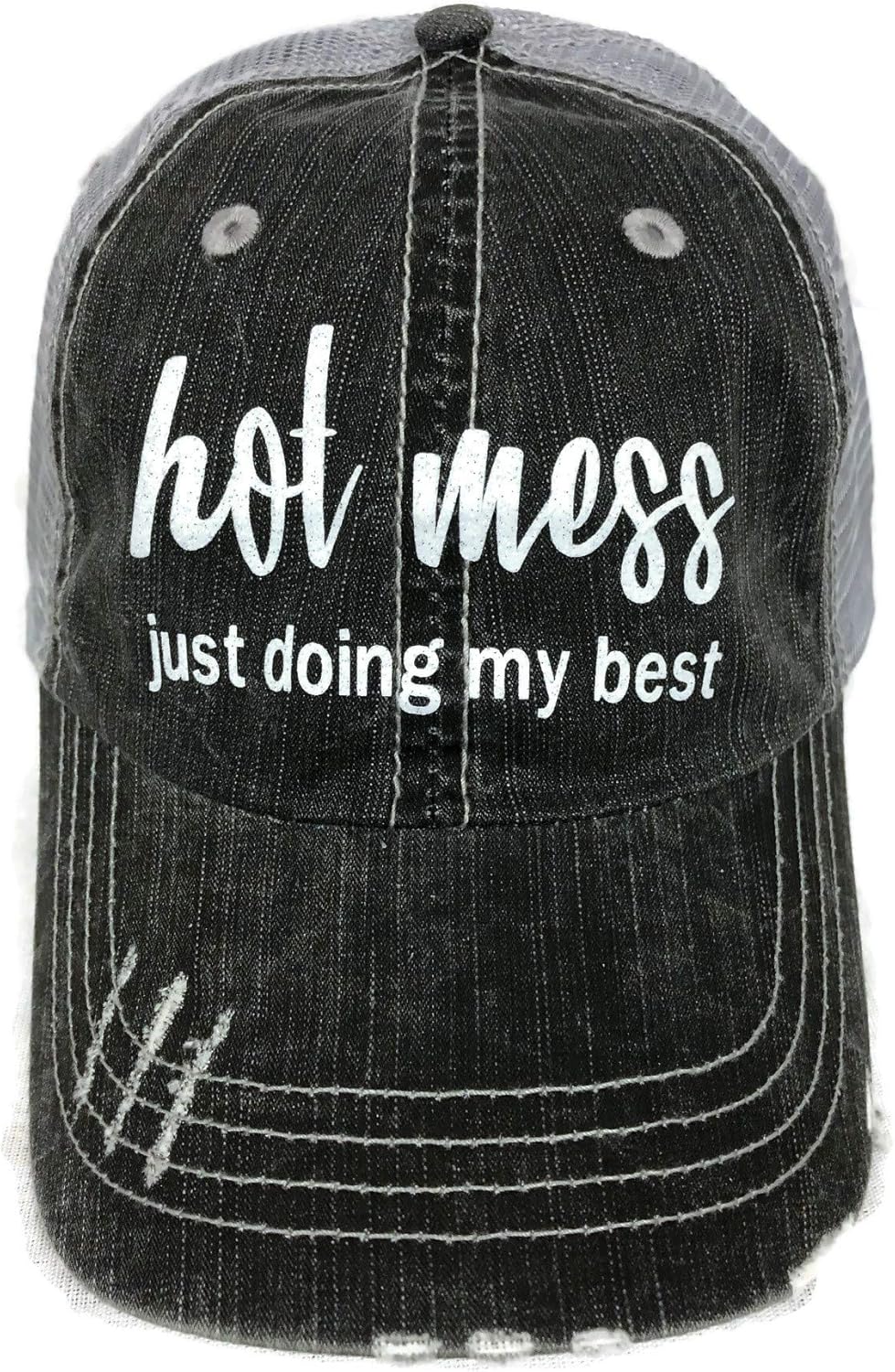 Hot Mess Ponytail Hat – Distressed Criss-Cross Baseball Cap with Velcro Closure