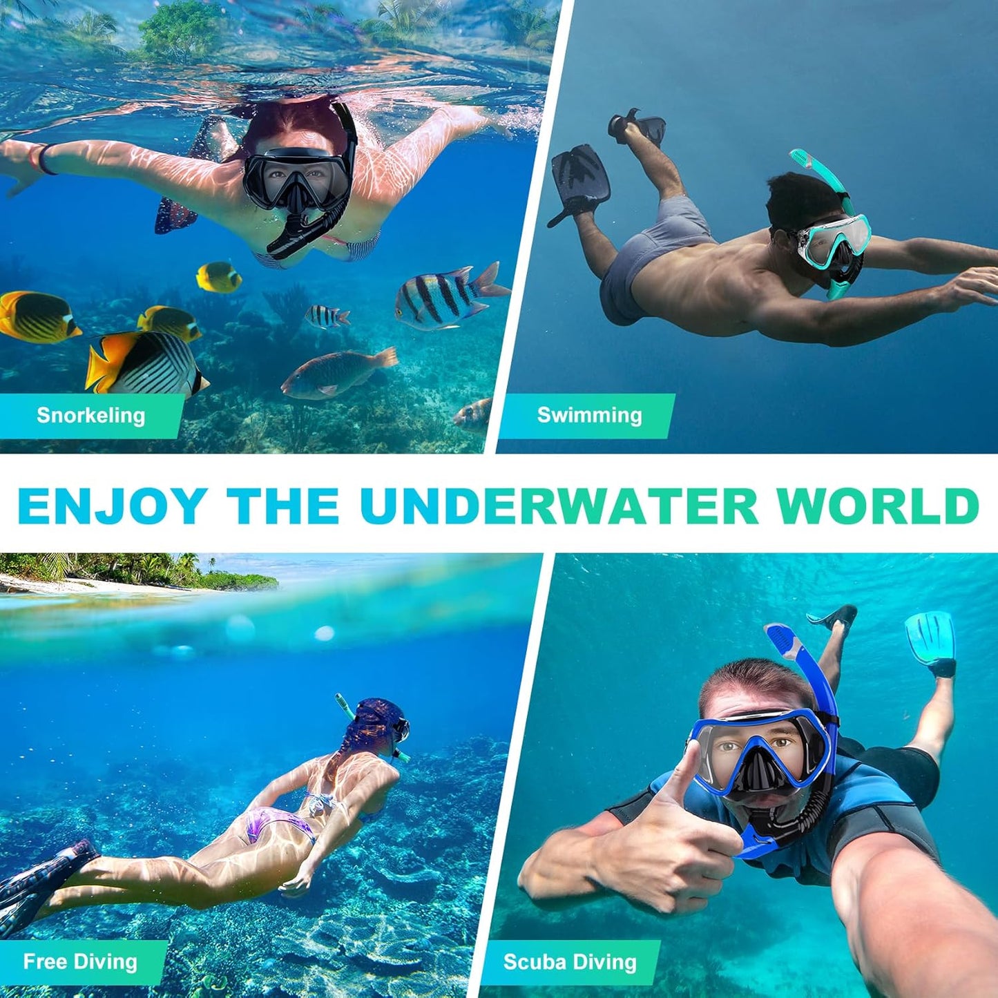 Snorkeling Gear for Adults, Snorkel Mask Adult Snorkel Set, Anti-Fog Scuba Diving Mask Panoramic View Scuba Gear, Tempered Glass Snorkel Goggles Swim Masks for Adults