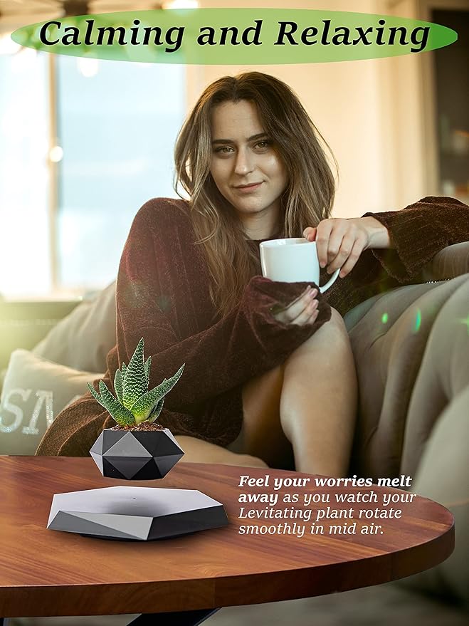 Magnetic Levitating Planter – Floating Pot for Bonsai, Succulents & Air Plants – Black Magnetic Plant Holder for Home & Office Decor