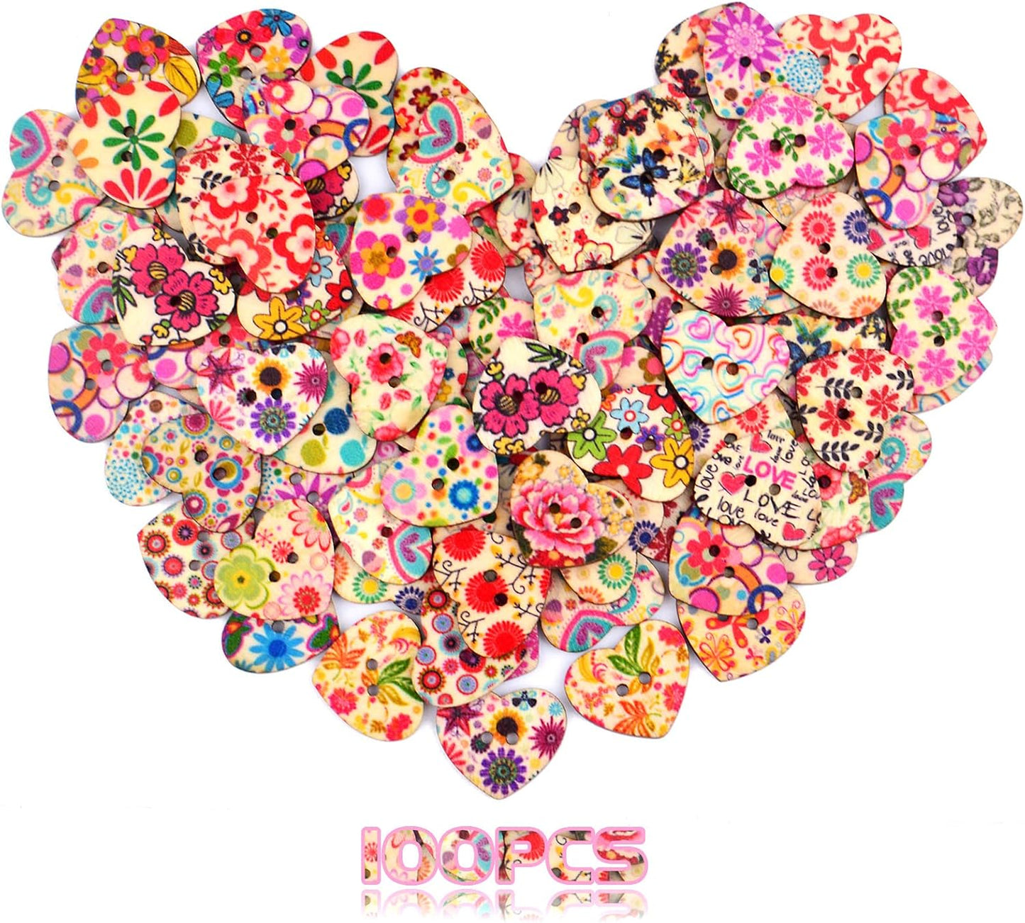 100 PCS Heart Wooden Buttons – 2-Hole Sewing & Scrapbooking Craft Decor ❤️🧵