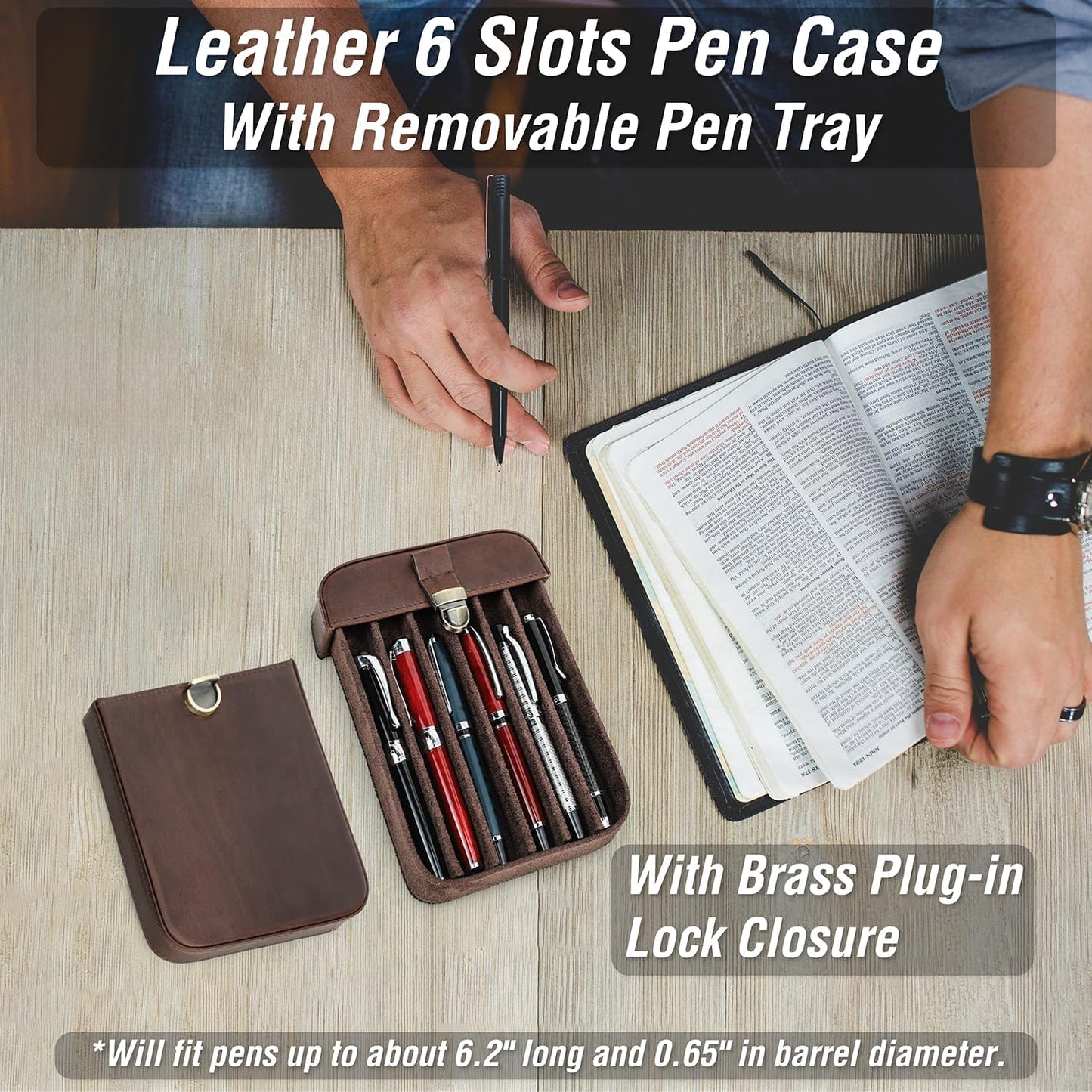 Top Grain Genuine Leather 6 Fountain Pen/Pencil Tray Case Holder