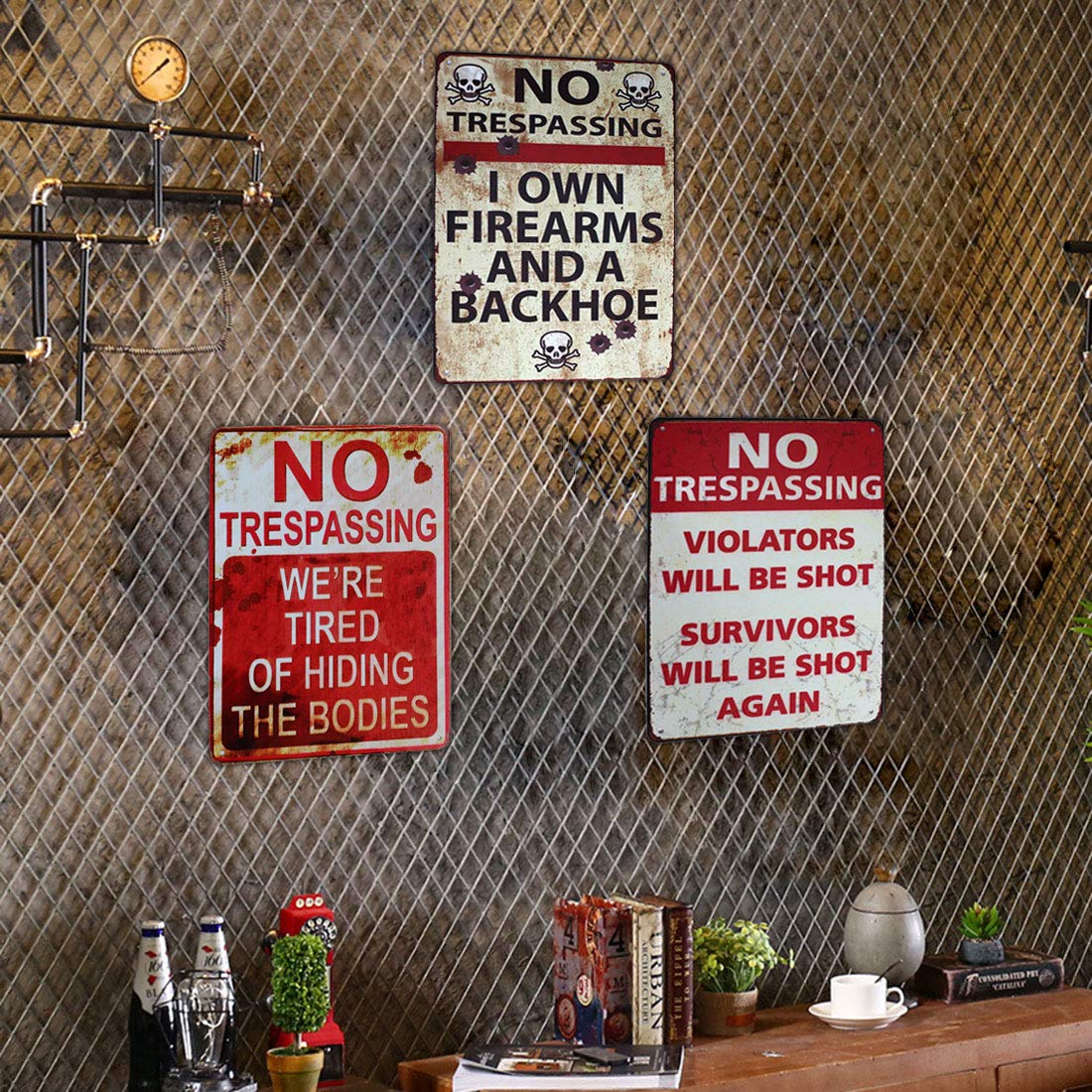 No Trespassing Warning Sign – “I Own Firearms & a Backhoe” Vintage Metal Wall Art for Home, Garage, or Farm Decor