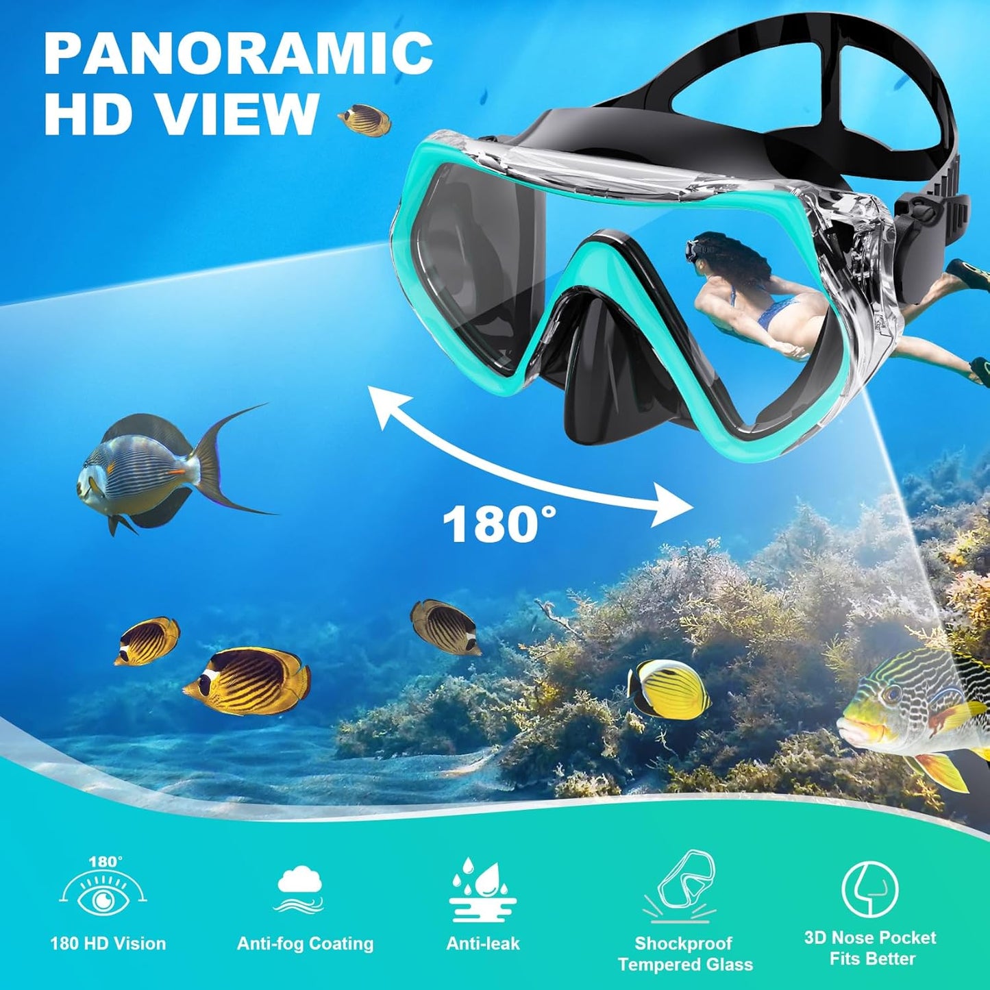 Snorkeling Gear for Adults, Snorkel Mask Adult Snorkel Set, Anti-Fog Scuba Diving Mask Panoramic View Scuba Gear, Tempered Glass Snorkel Goggles Swim Masks for Adults