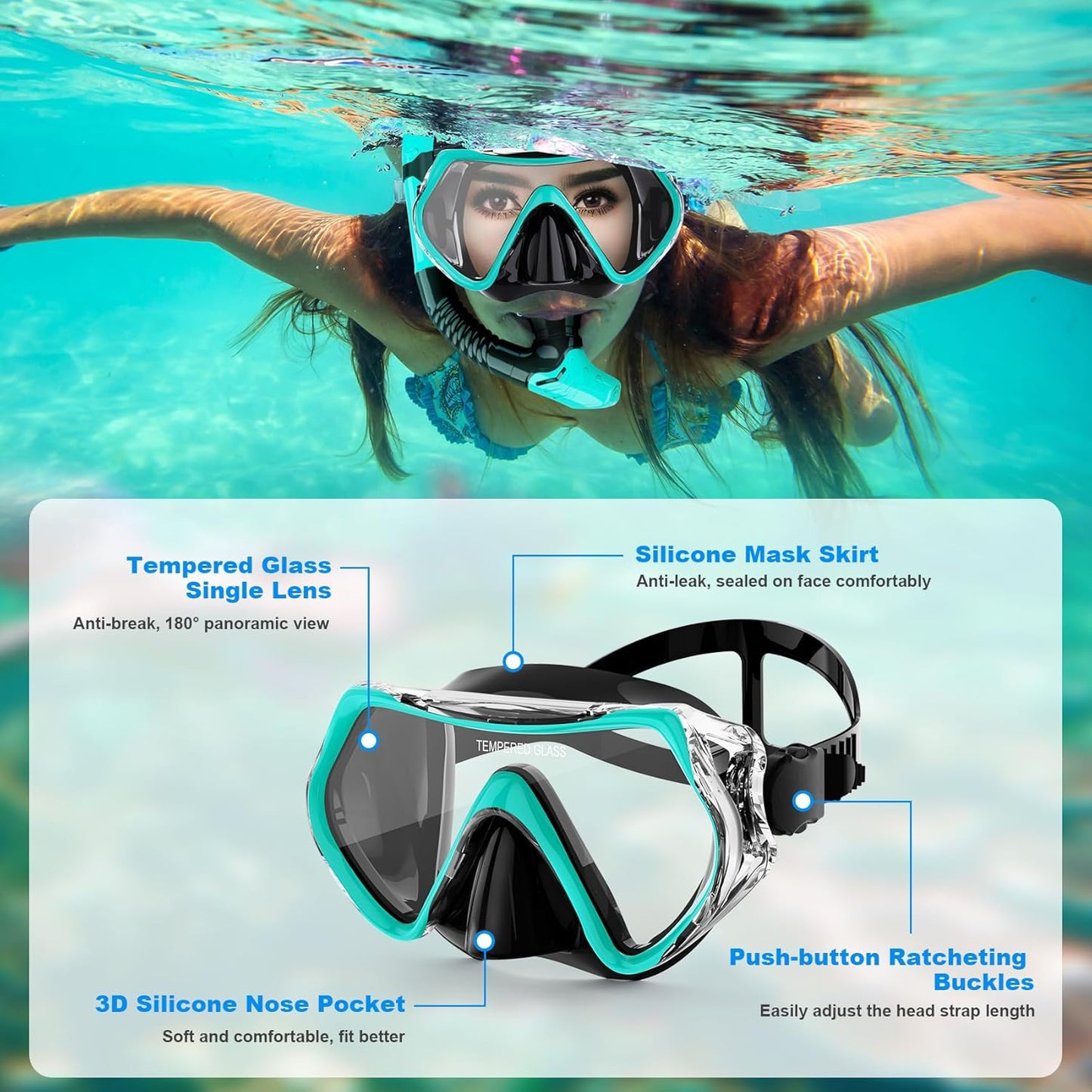 Snorkeling Gear for Adults, Snorkel Mask Adult Snorkel Set, Anti-Fog Scuba Diving Mask Panoramic View Scuba Gear, Tempered Glass Snorkel Goggles Swim Masks for Adults