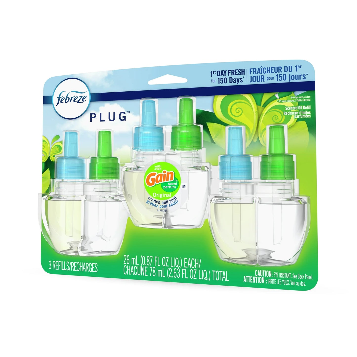 Febreze Plug In Air Freshener, Odor-Fighting Scented Oil Refill, Gain Original, 3 Refills