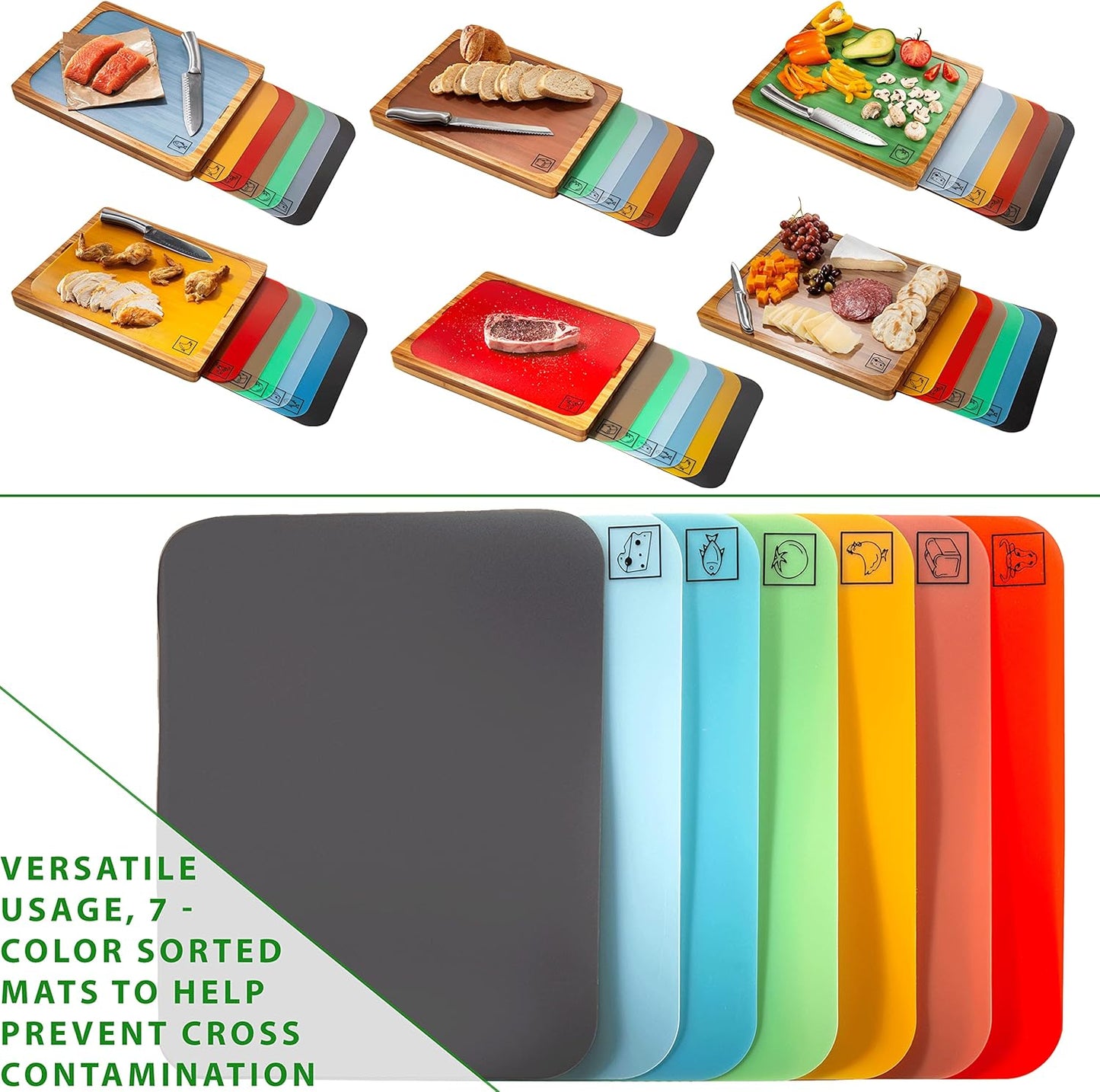 Bamboo Wood Cutting Board with 7 Color-Coded BPA-Free Mats – Premium Serving Tray for Bread, Cheese, Fruits, Vegetables & Meats