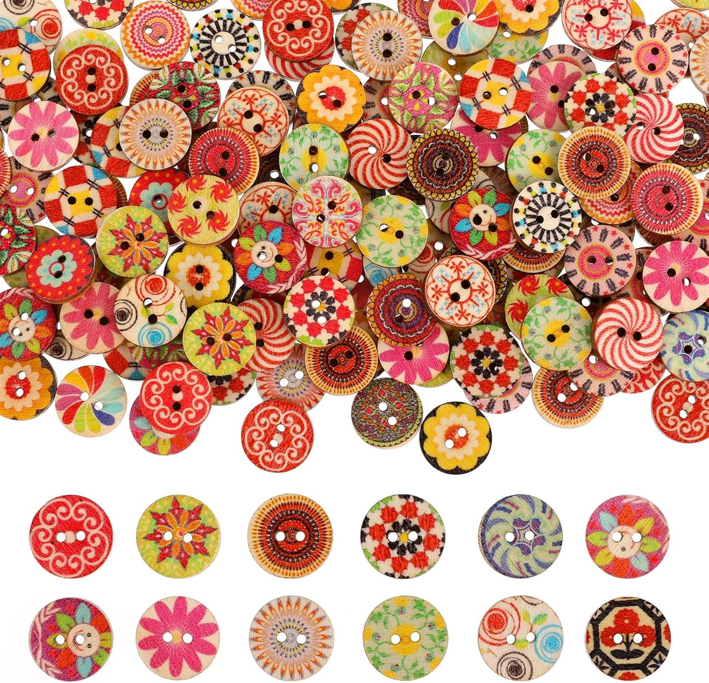 🌼 100pcs 25mm Boho Flower Wooden Buttons – 2-Hole Mixed Designs for Sewing, Scrapbooking & DIY Crafts
