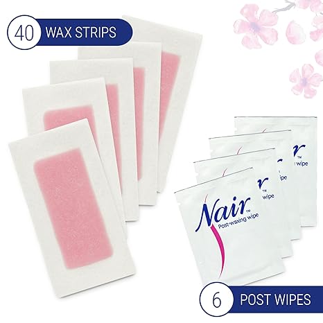 Nair Hair Remover Wax Ready Strips for Legs & Body, No Mess Waxing Kit for Hair Removal, 40ct Wax Strips