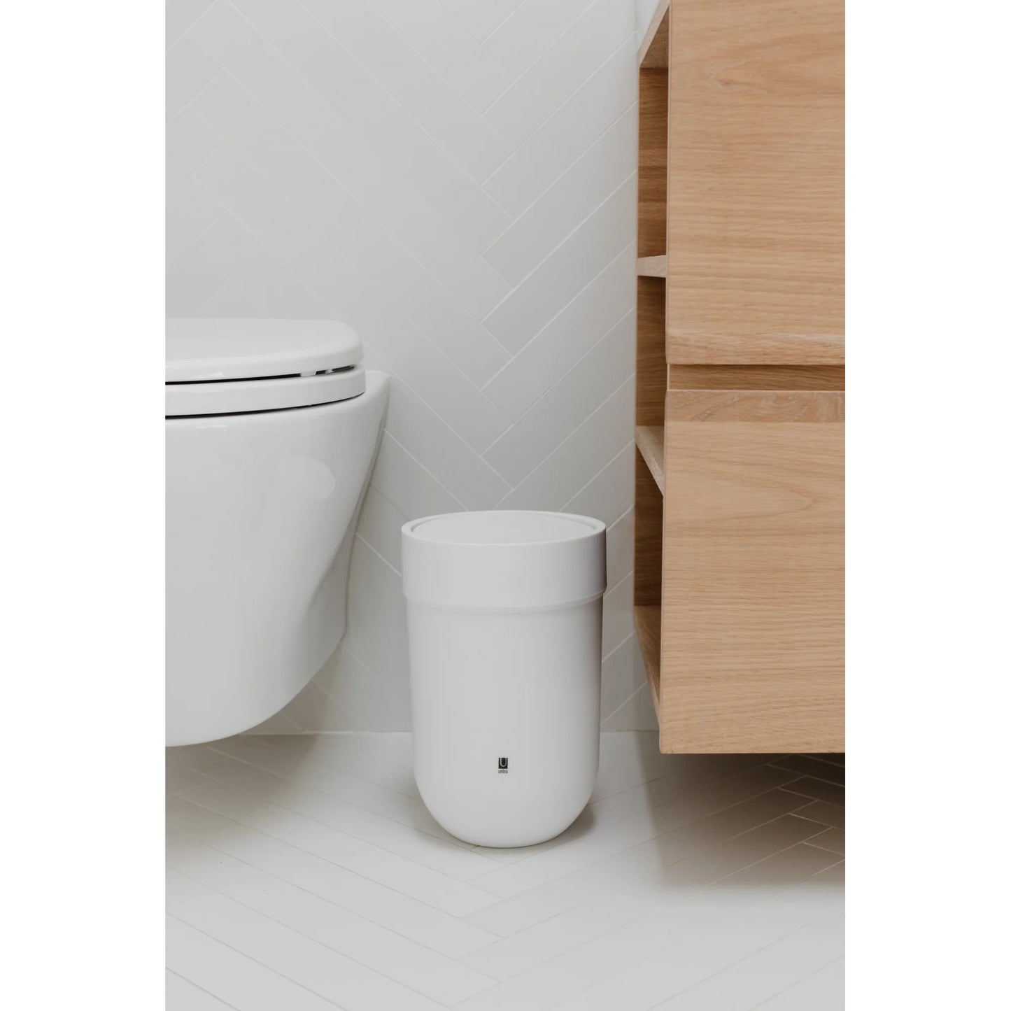 Umbra 1.6 gal Touch Plastic Swing Top Lid Bathroom Trash Can, White