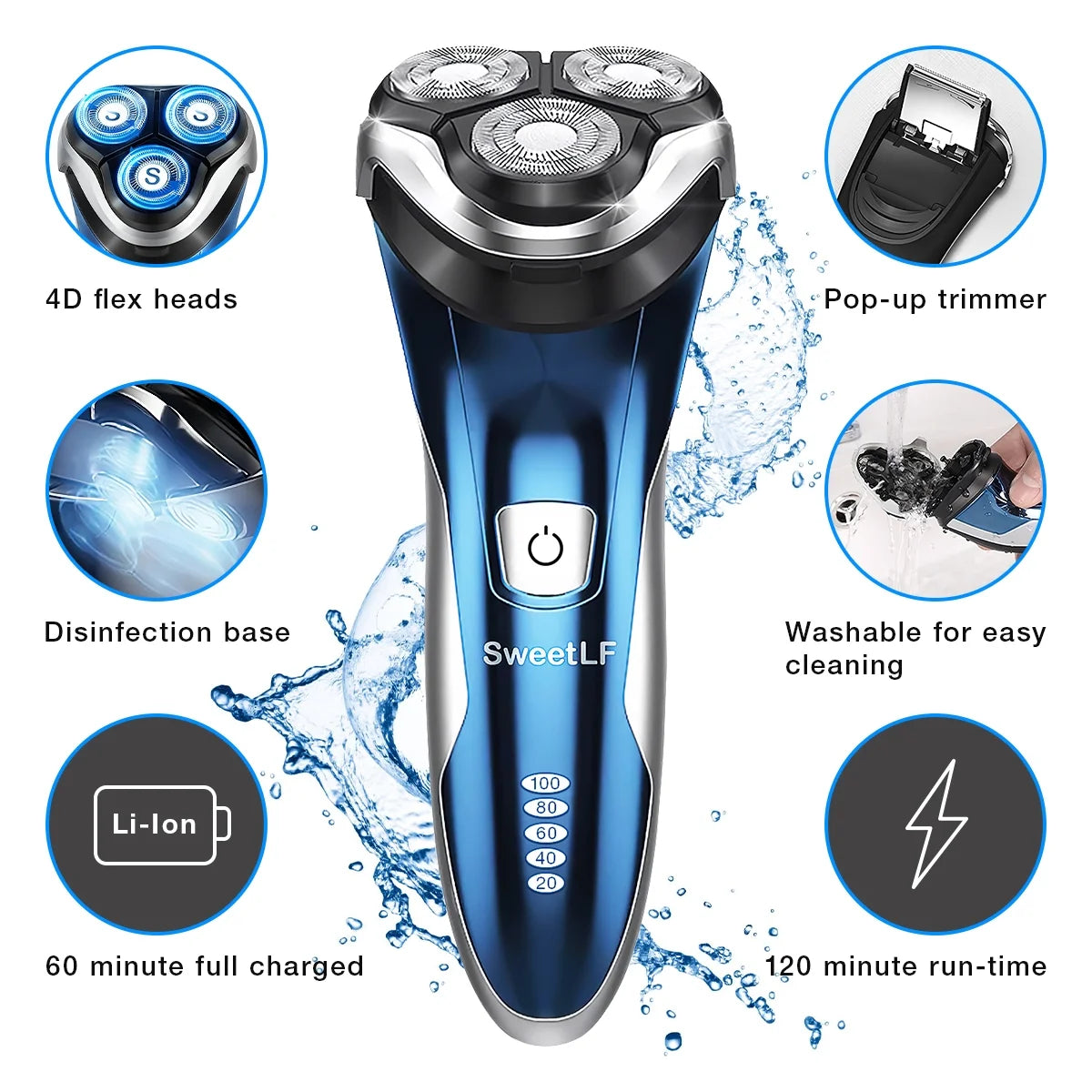 SweetLF Electric Shaver for Men, Cordless Rechargeable Electric Razor with Beard Trimmer, IPX7 Waterproof, Gifts for Men, Blue