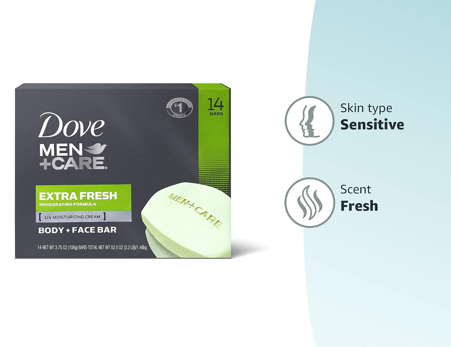 Dove Men+Care Bar 3 in 1 Cleanser for Body, Face, and Shaving Extra Fresh 14 Bars to Clean and Hydrate Skin Body and Facial Cleanser Mandarin Citrus, Patchouli, and Rosemary scent 3.75 oz