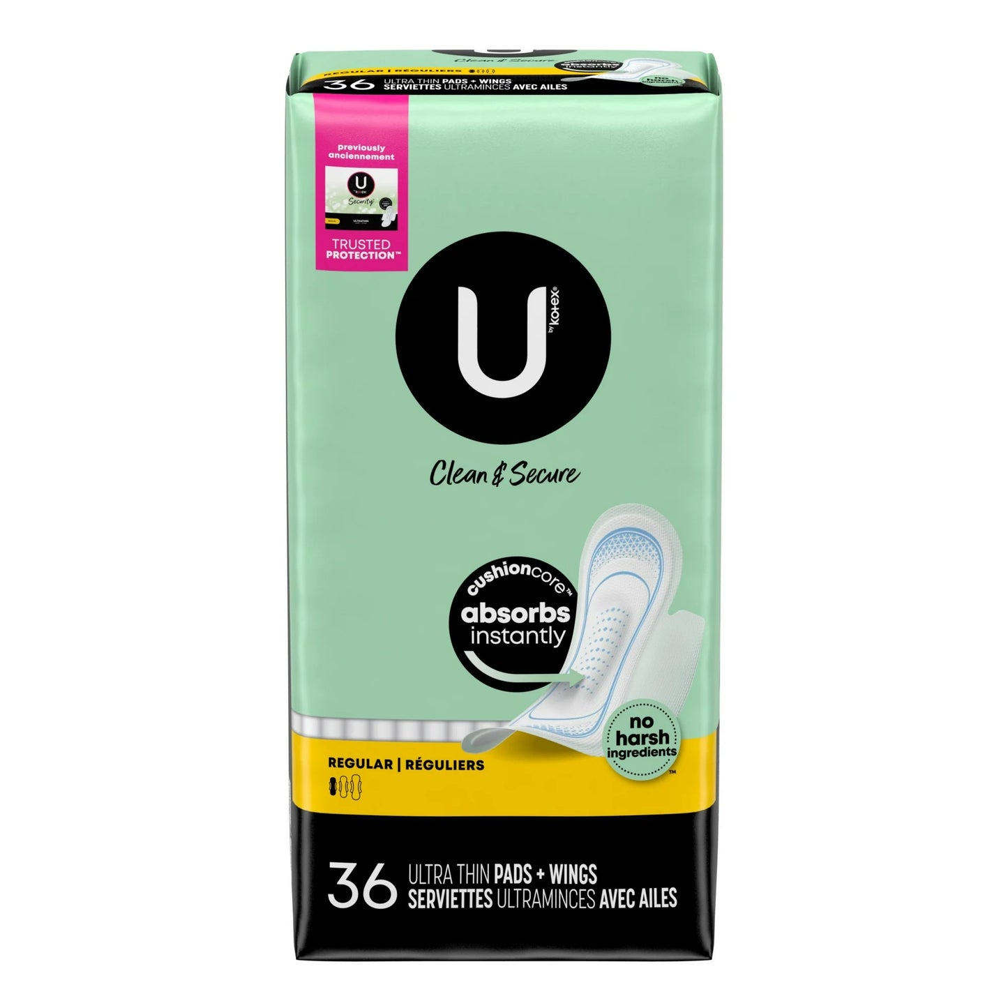 U by Kotex Clean & Secure Ultra Thin Pads with Wings, Regular Absorbency, 36 Count