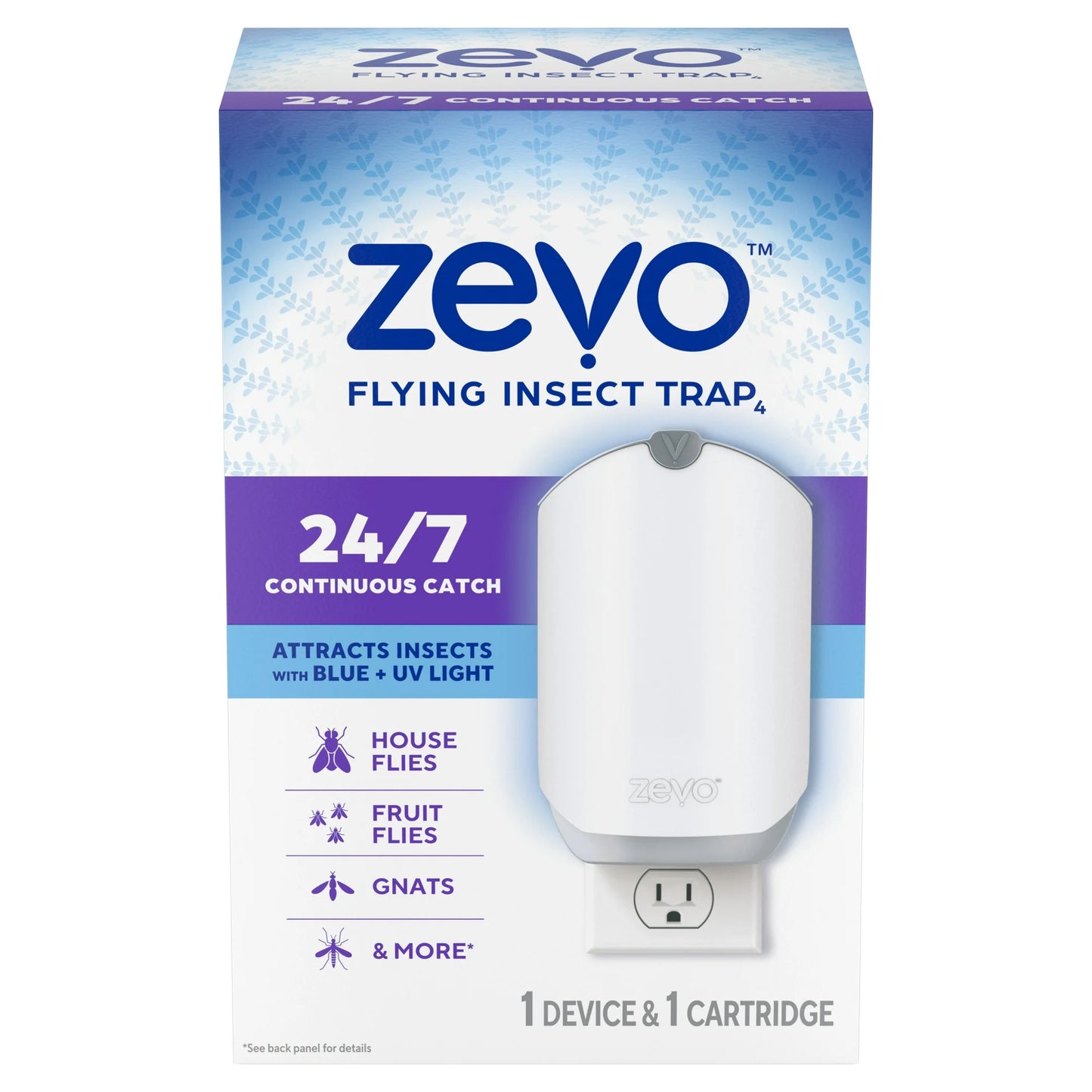 Zevo Flying Insect Indoor Fly Trap: Easy, Mess-Free Solution - Light Trap Catches & Kills House Flies, Fruit Flies, Gnats, & More (1 Plug in Device & 1 Refill Cartridge)