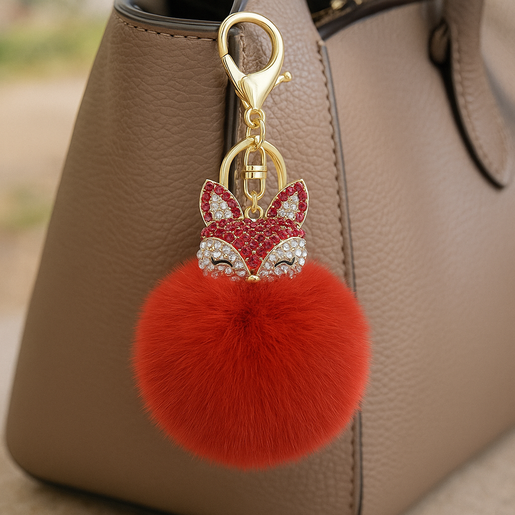 Red Fluffy Fox Keychain Charm – Cute Faux Fur Pom