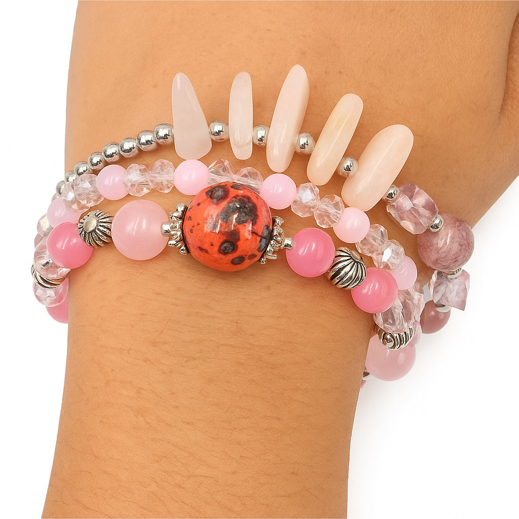 Multi-Layered Pink Natural Stone Bracelet β Rose Quartz & Crystal Bead Charm Wrap for Women | Handmade Healing Jewelry