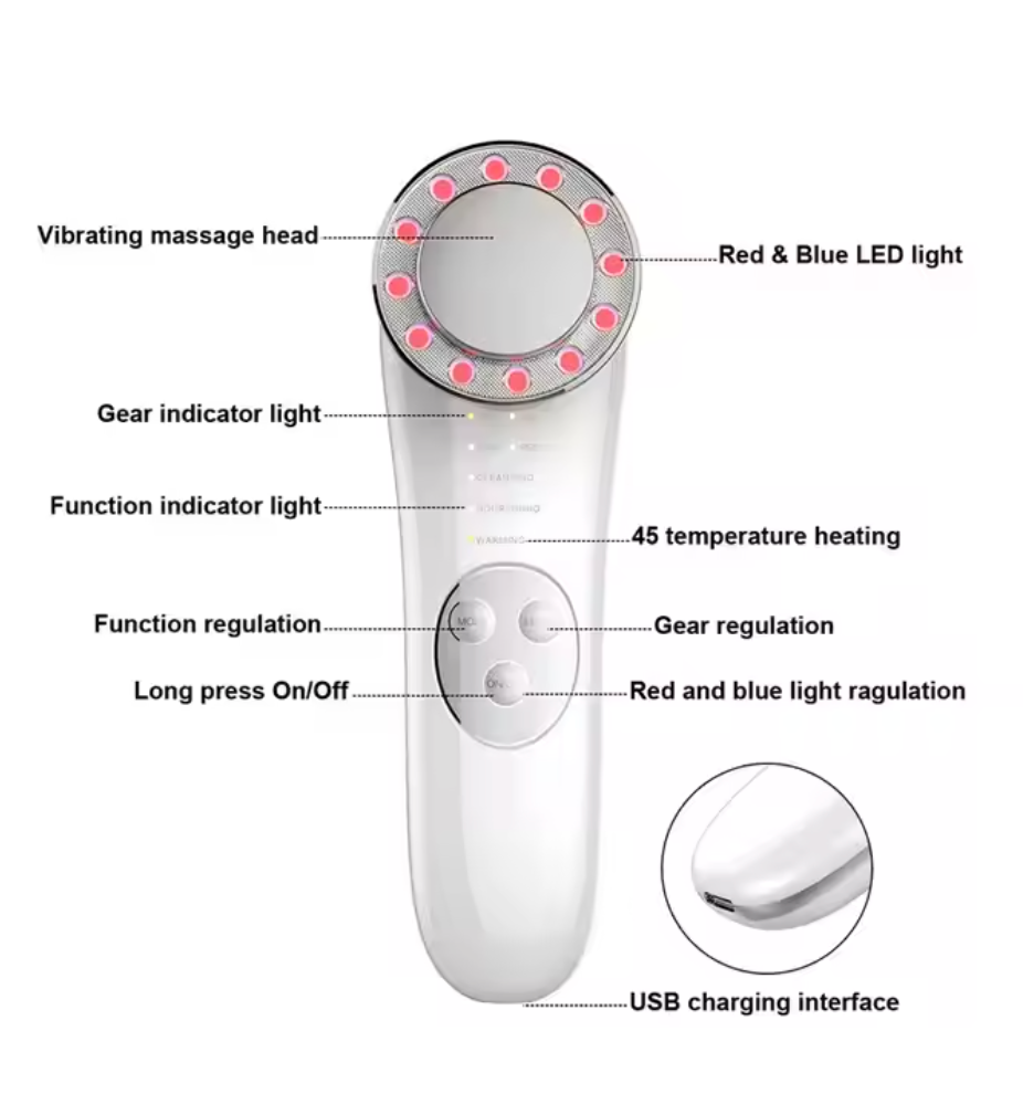Microcurrent Facial Device for Skin Tightening & Lifting | 5-in-1 Face Massager & Roller Tool for Anti-Aging & Glow