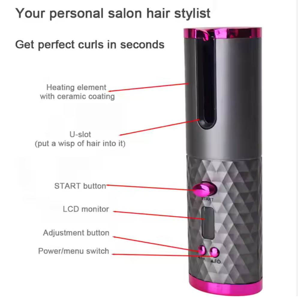 Cordless Auto Hair Curler – Ceramic Rotating Curling Iron, 6 Temps & Timers, Fast Heating, Portable & Rechargeable