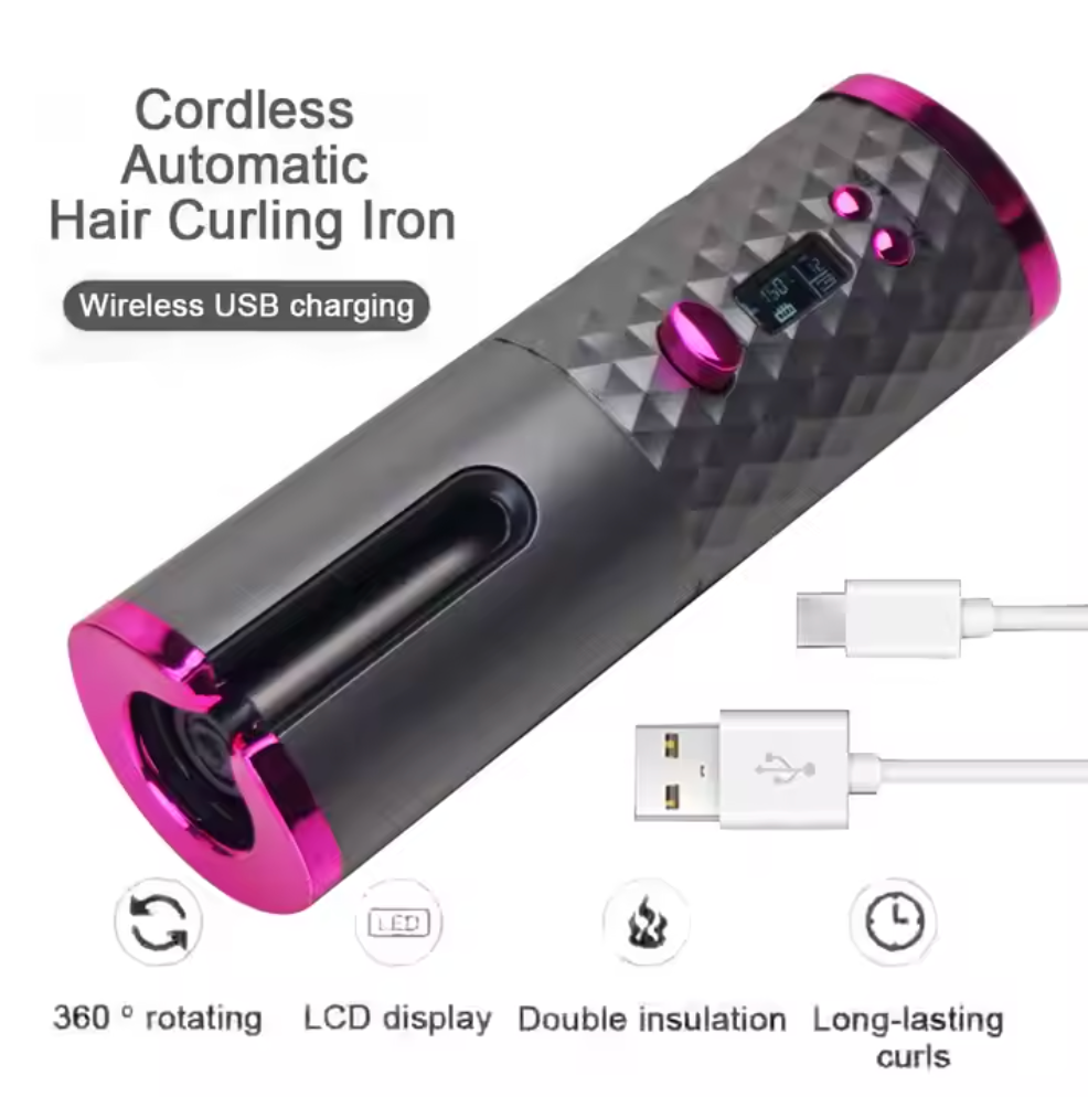 Cordless Auto Hair Curler – Ceramic Rotating Curling Iron, 6 Temps & Timers, Fast Heating, Portable & Rechargeable