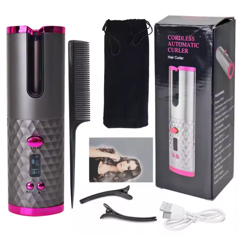 Cordless Auto Hair Curler – Ceramic Rotating Curling Iron, 6 Temps & Timers, Fast Heating, Portable & Rechargeable