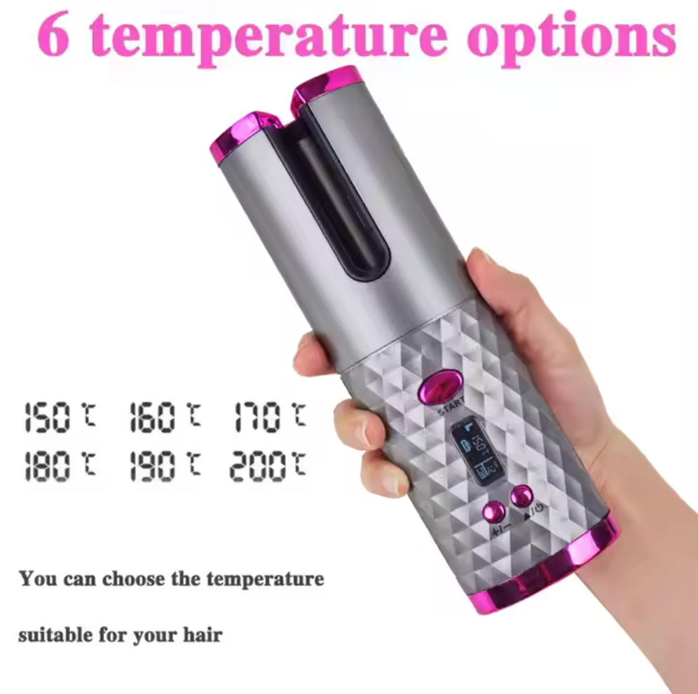 Cordless Auto Hair Curler – Ceramic Rotating Curling Iron, 6 Temps & Timers, Fast Heating, Portable & Rechargeable