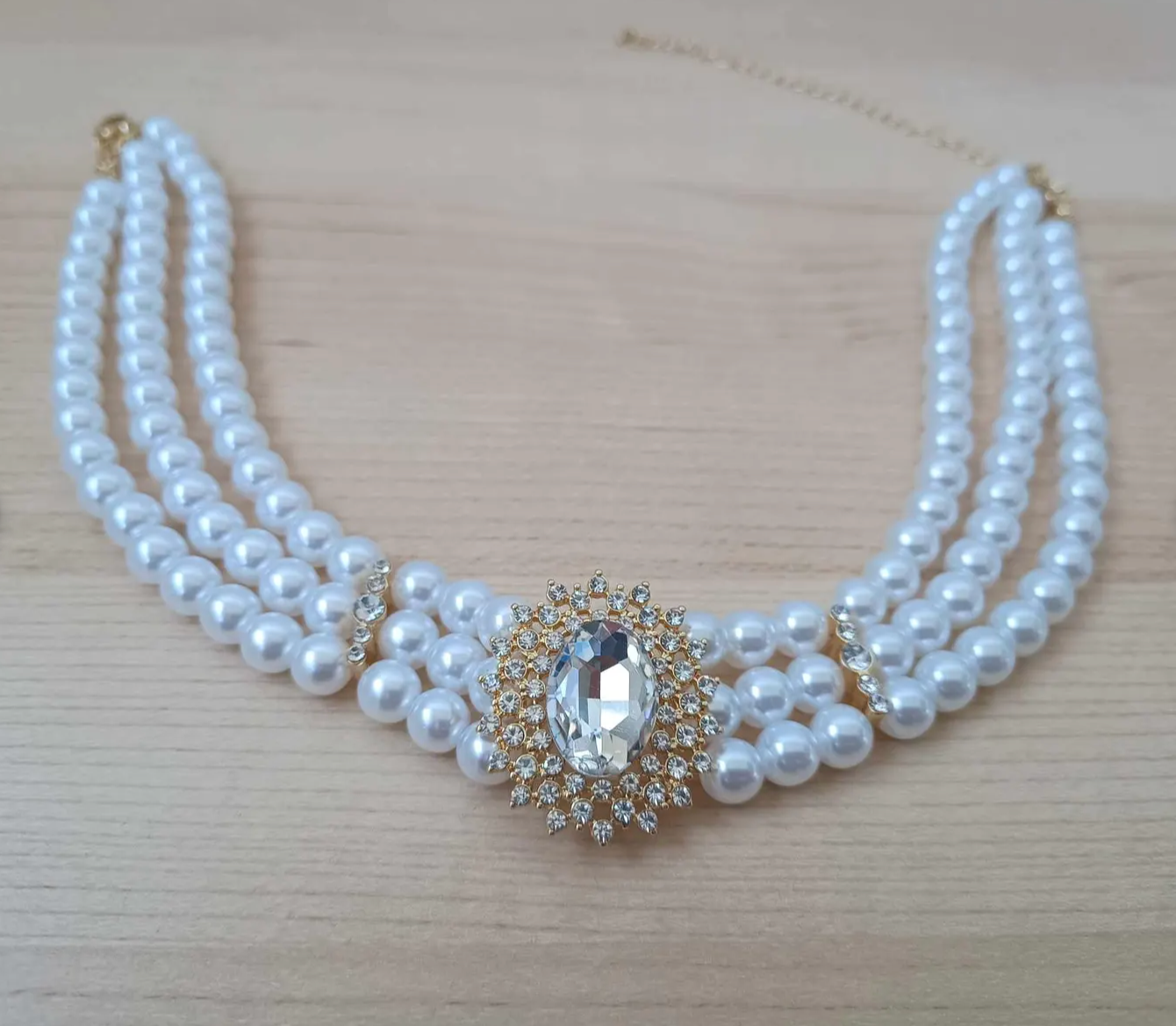 Elegant 3-Layer Pearl Choker Necklace with Crystal Pendant – Vintage-Inspired Statement Jewelry for Women