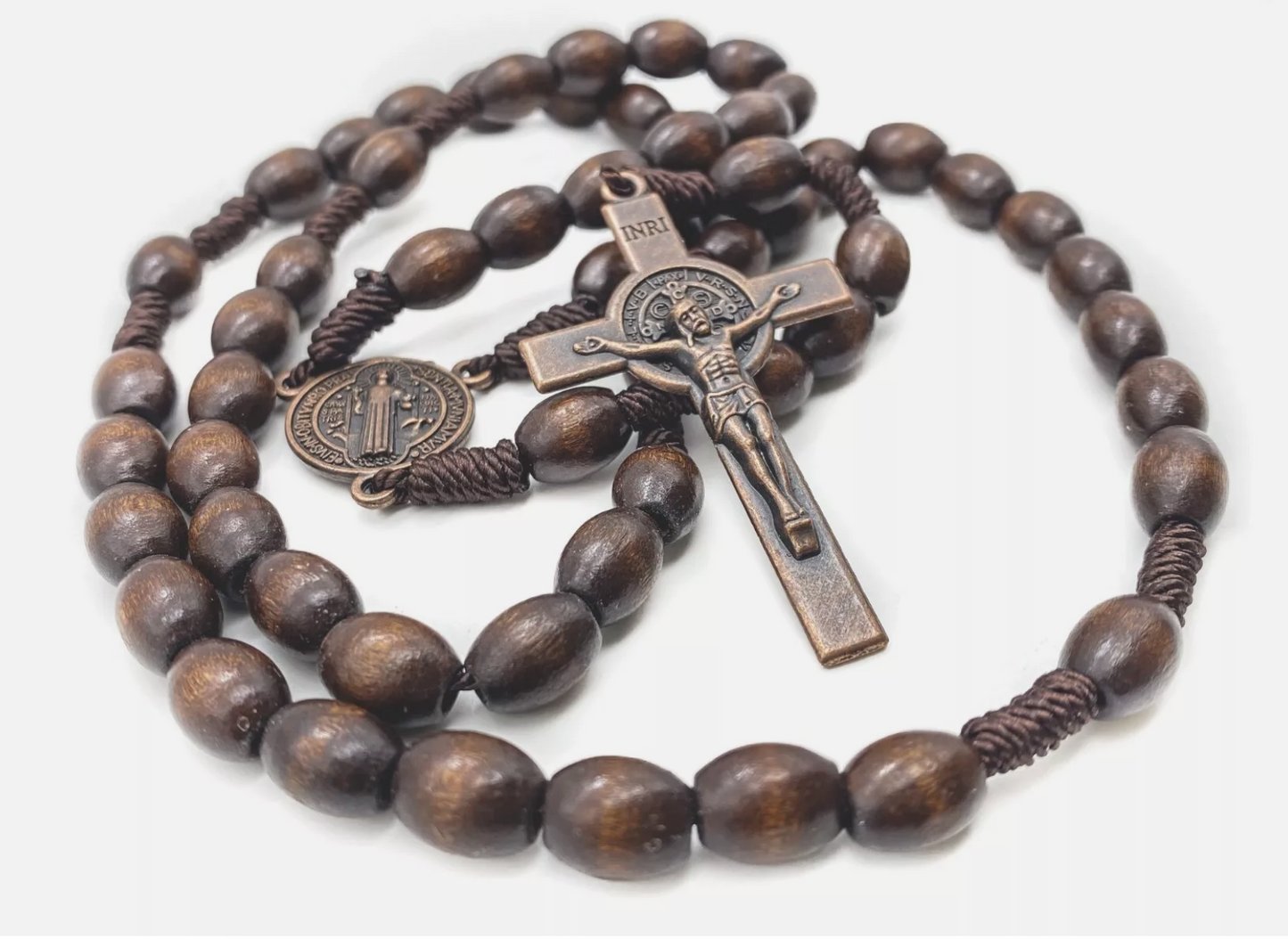 St Benedict Wood Rosary Cord Beaded Chaplet Wood Beads Saint Medal & Cross