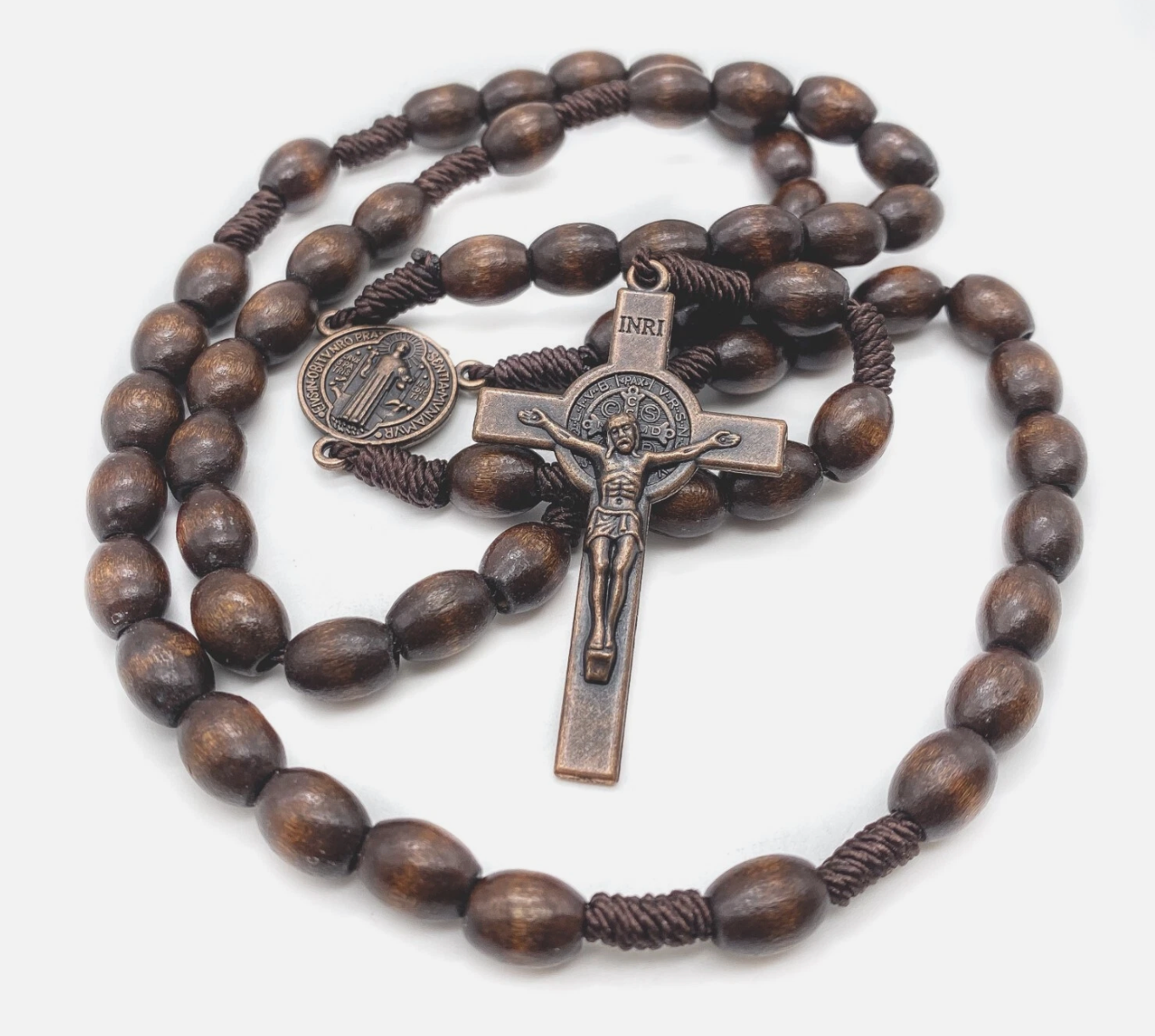 St Benedict Wood Rosary Cord Beaded Chaplet Wood Beads Saint Medal & Cross