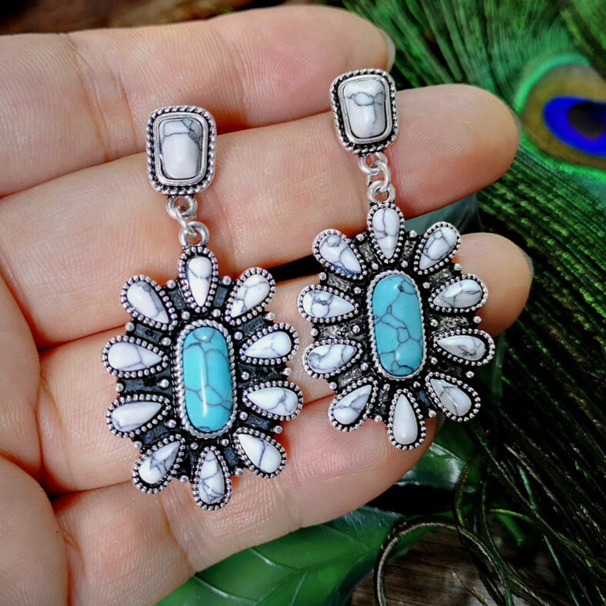 Boho White & Blue Turquoise Dangle Earrings β European Vintage Stone Drop Jewelry