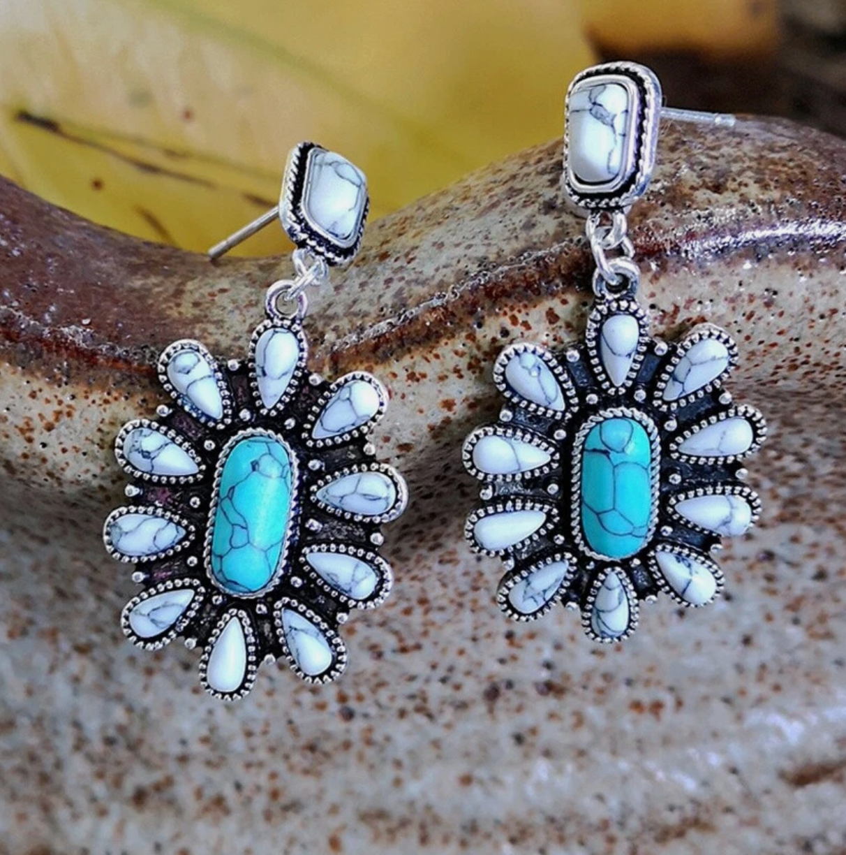 Boho White & Blue Turquoise Dangle Earrings β European Vintage Stone Drop Jewelry
