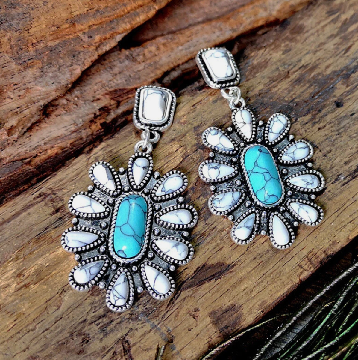 Boho White & Blue Turquoise Dangle Earrings β European Vintage Stone Drop Jewelry