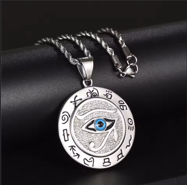 Silver Eye of Horus Necklace – 24" Stainless Steel Chain with Round Egyptian Protection Pendant