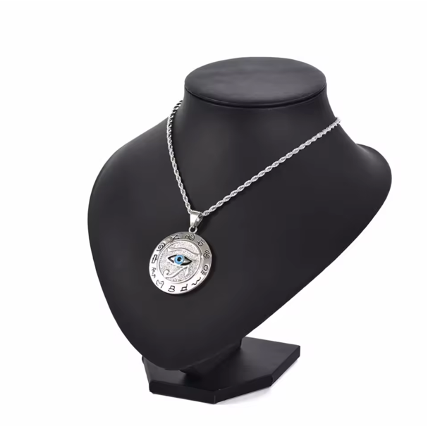 Silver Eye of Horus Necklace – 24" Stainless Steel Chain with Round Egyptian Protection Pendant