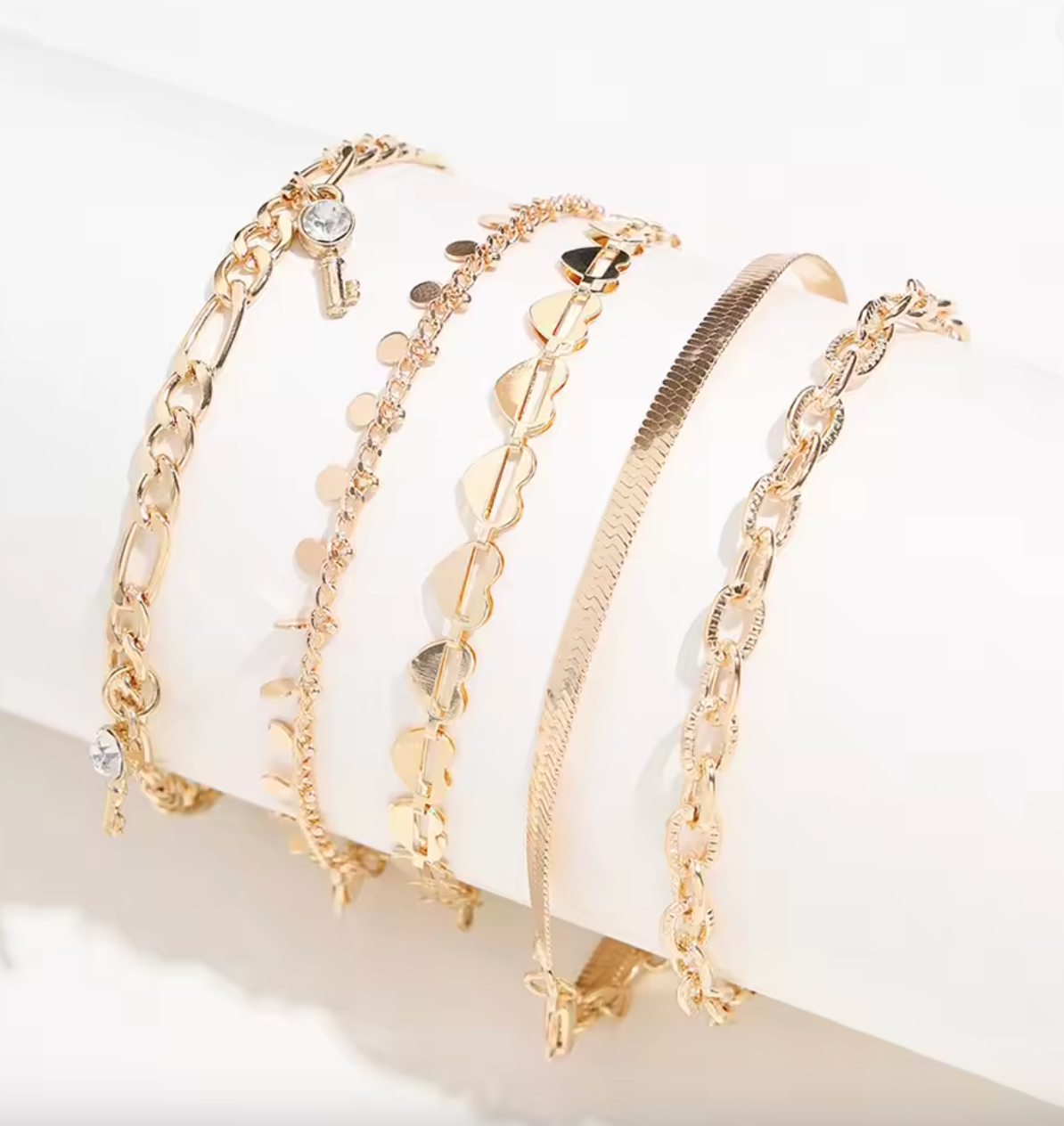 5-Piece Punk Heart & Tassel Anklet Set – Hollow Heart, Disc, Snake Chain, Diamond, Key Charm
