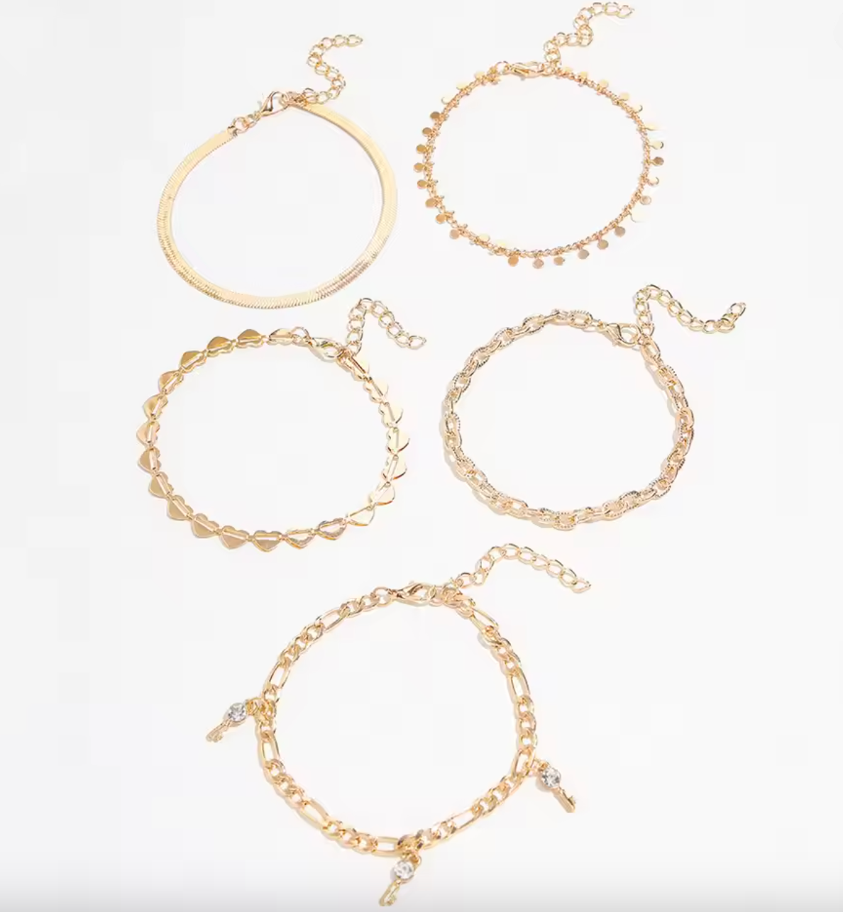 5-Piece Punk Heart & Tassel Anklet Set – Hollow Heart, Disc, Snake Chain, Diamond, Key Charm
