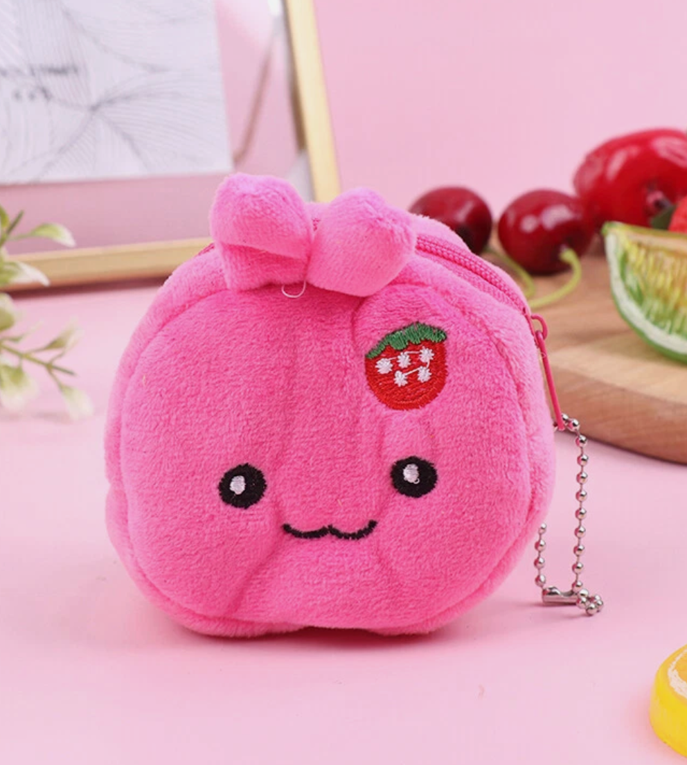 Pink Rabbit Plush Coin Purse with Strawberry β 3D Cartoon Wallet & Key Holder for Girls