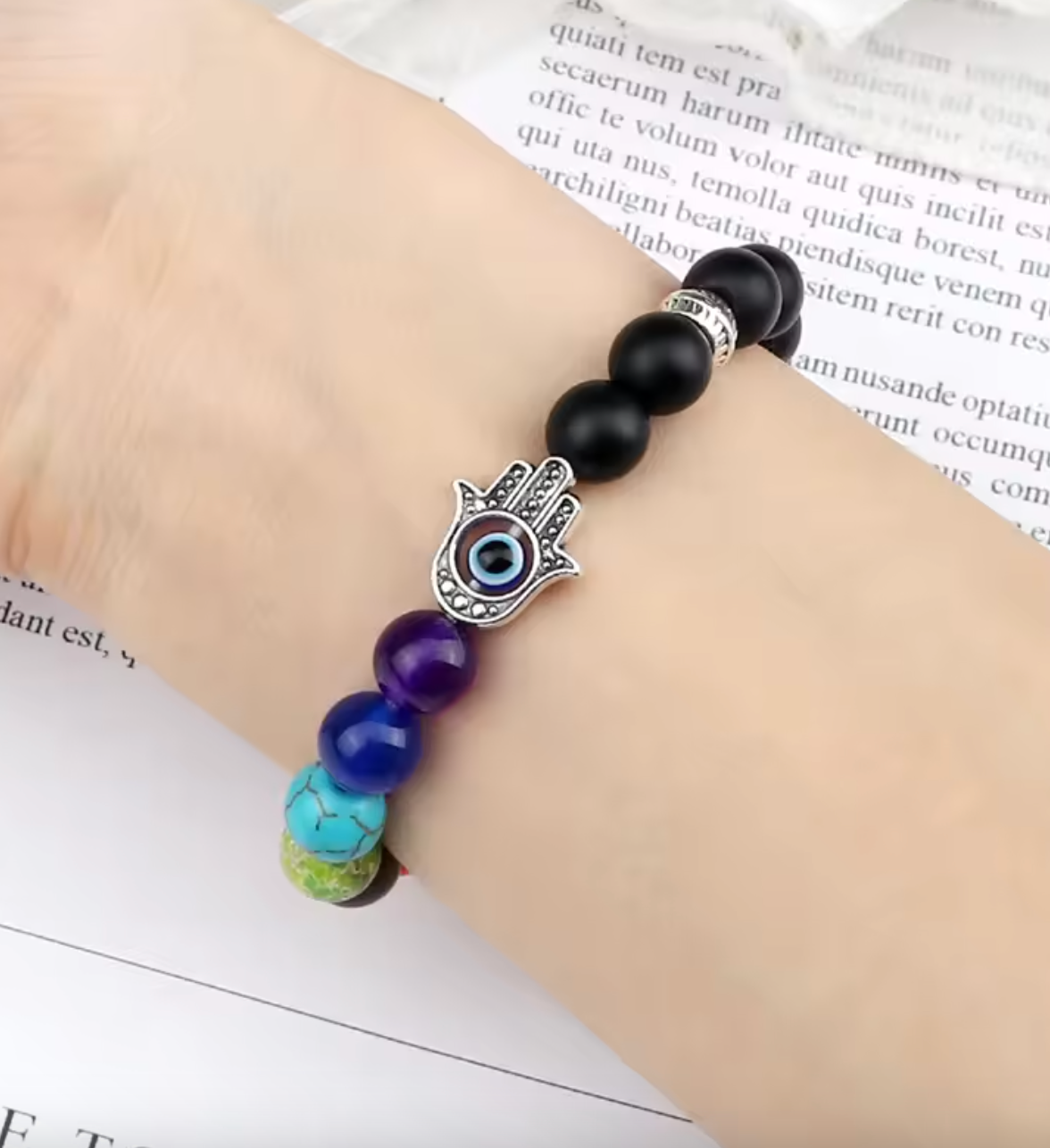 Lava Black Onyx Evil Eye Bracelet β 8mm Unisex Protection Bracelet with 7 Chakra Healing Stones for Energy & Luck