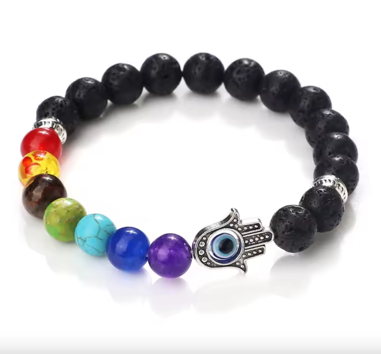 Lava Black Onyx Evil Eye Bracelet β 8mm Unisex Protection Bracelet with 7 Chakra Healing Stones for Energy & Luck