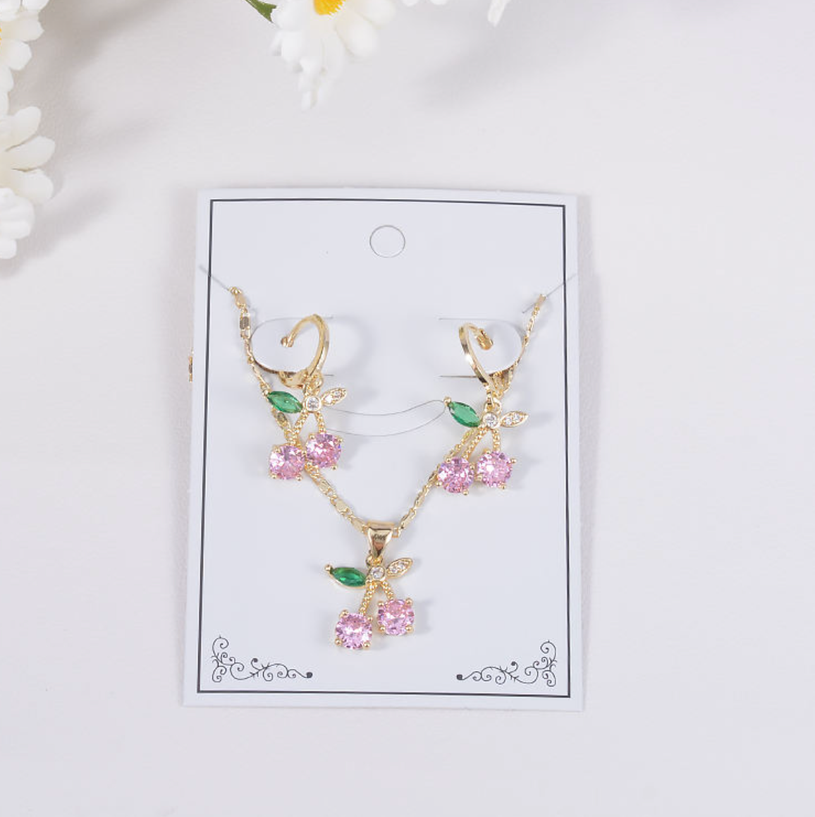 π Pink Diamond Cherry Jewelry Set β Necklace & Earrings