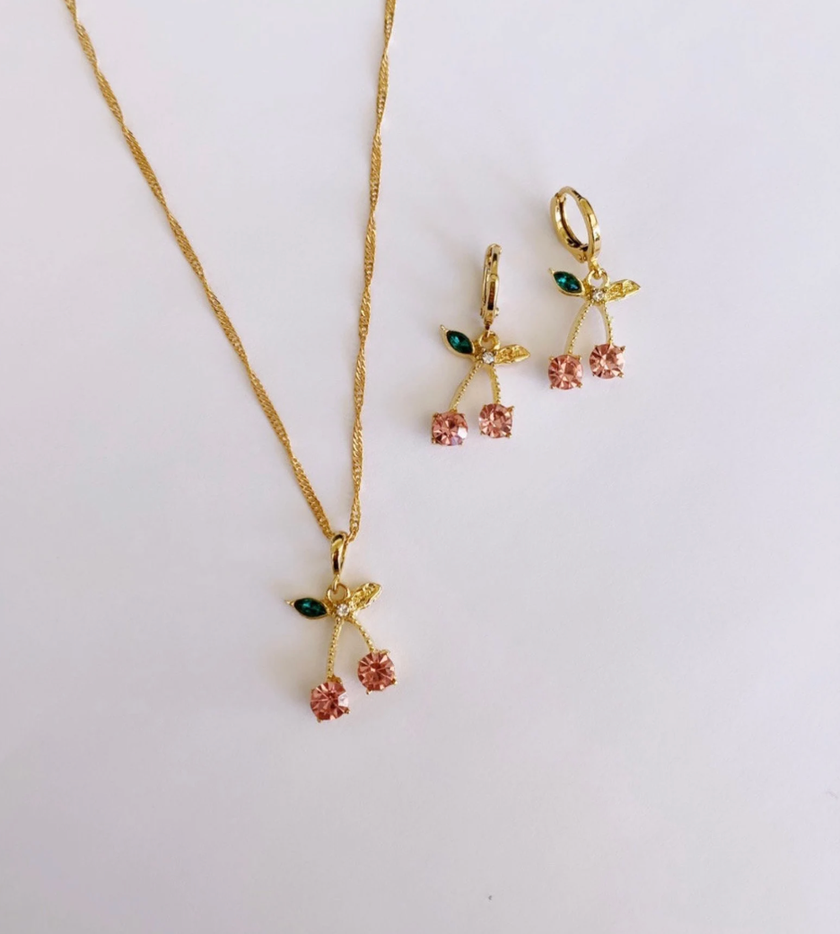 π Pink Diamond Cherry Jewelry Set β Necklace & Earrings