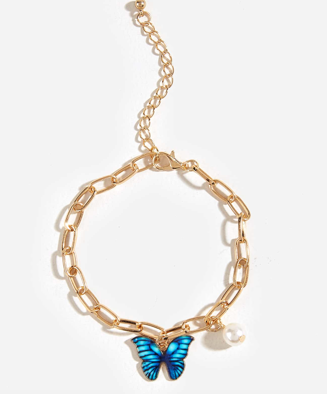 Gold Plated Chain Bracelet – Blue Butterfly Charm & Real Pearl Accent