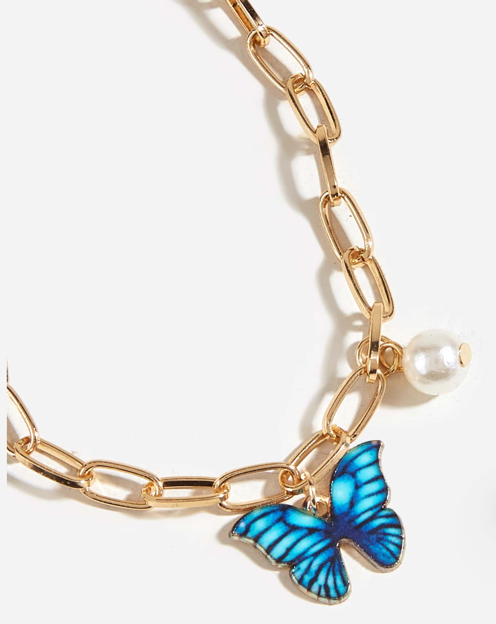 Gold Plated Chain Bracelet – Blue Butterfly Charm & Real Pearl Accent