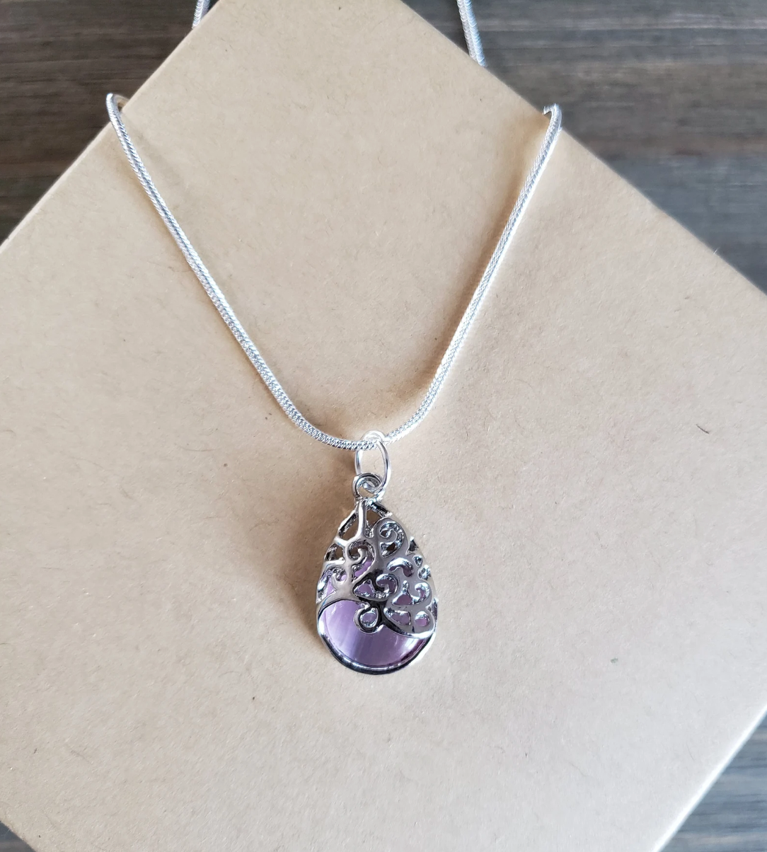 Lavender Opal Water Droplet Necklace – Love Pendant with Elegant Chain