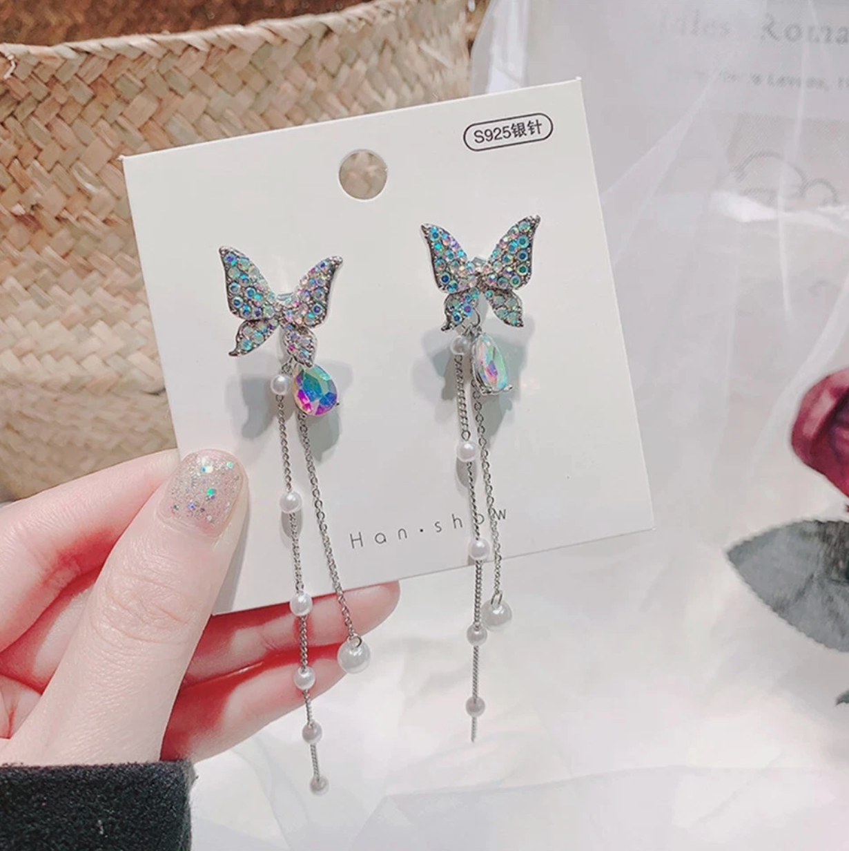 π¦ Colorful Rhinestone Butterfly Tassel Earrings β Water Drop Design