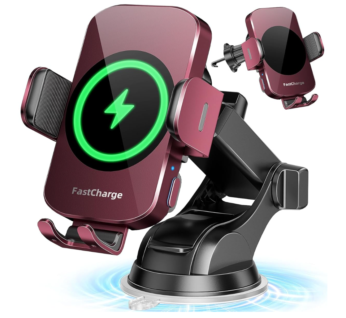 15W Wireless Car Charger - Smart & Fast Charging, Enhanced Suction Power, Robust Auto-Clamping for Secure Mounting - Perfect for iPhone 14/13/12 & Samsung Galaxy S23/S22/S20, etc, Red